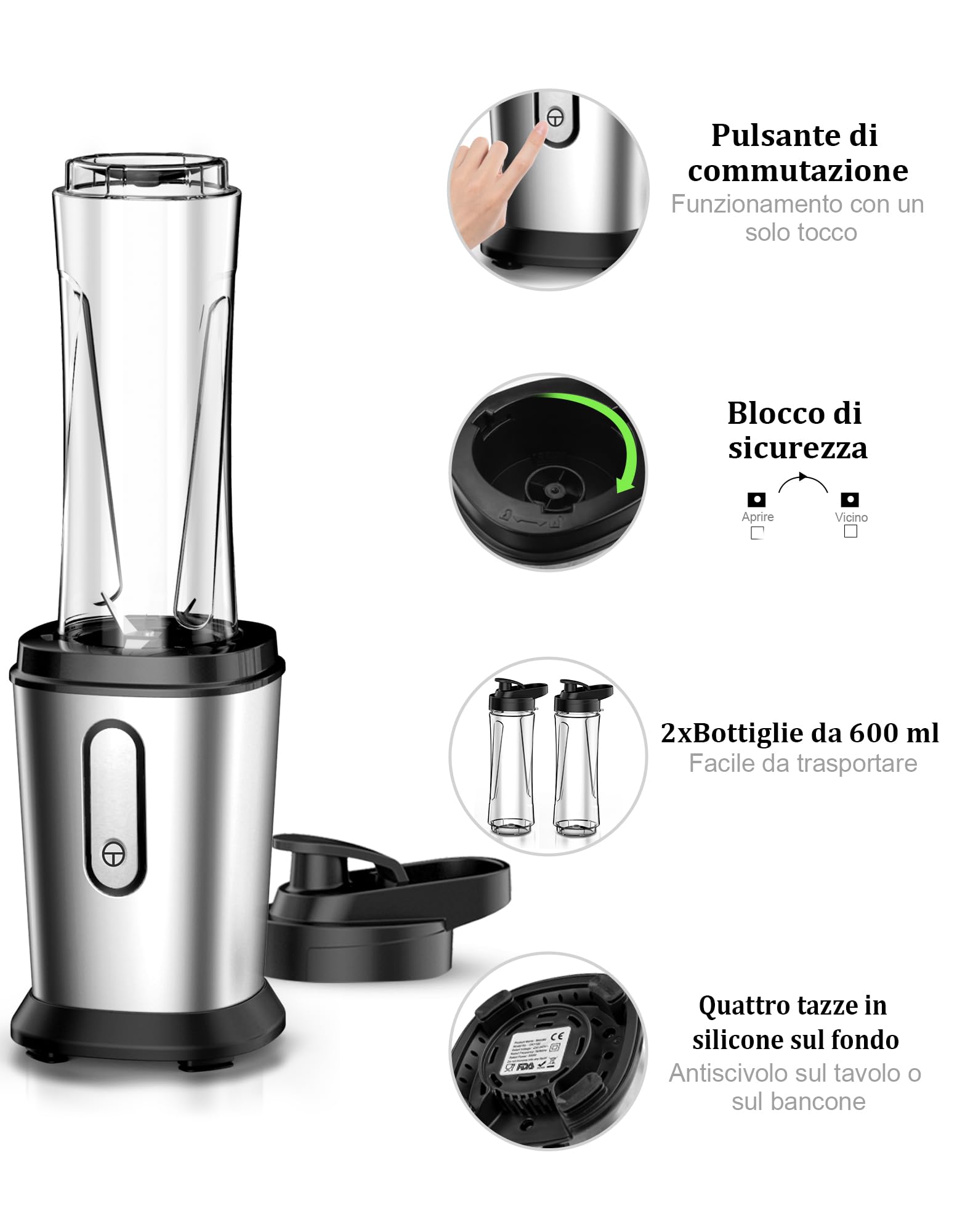 Frullatore, 500W Mini Portatile Frullatore Smoothie con 2 Bottiglie Portatili 600ml, Frullatore Tritatutto Multifunzione per Gelato, Frutta, Verdura (Argento E Nero)
