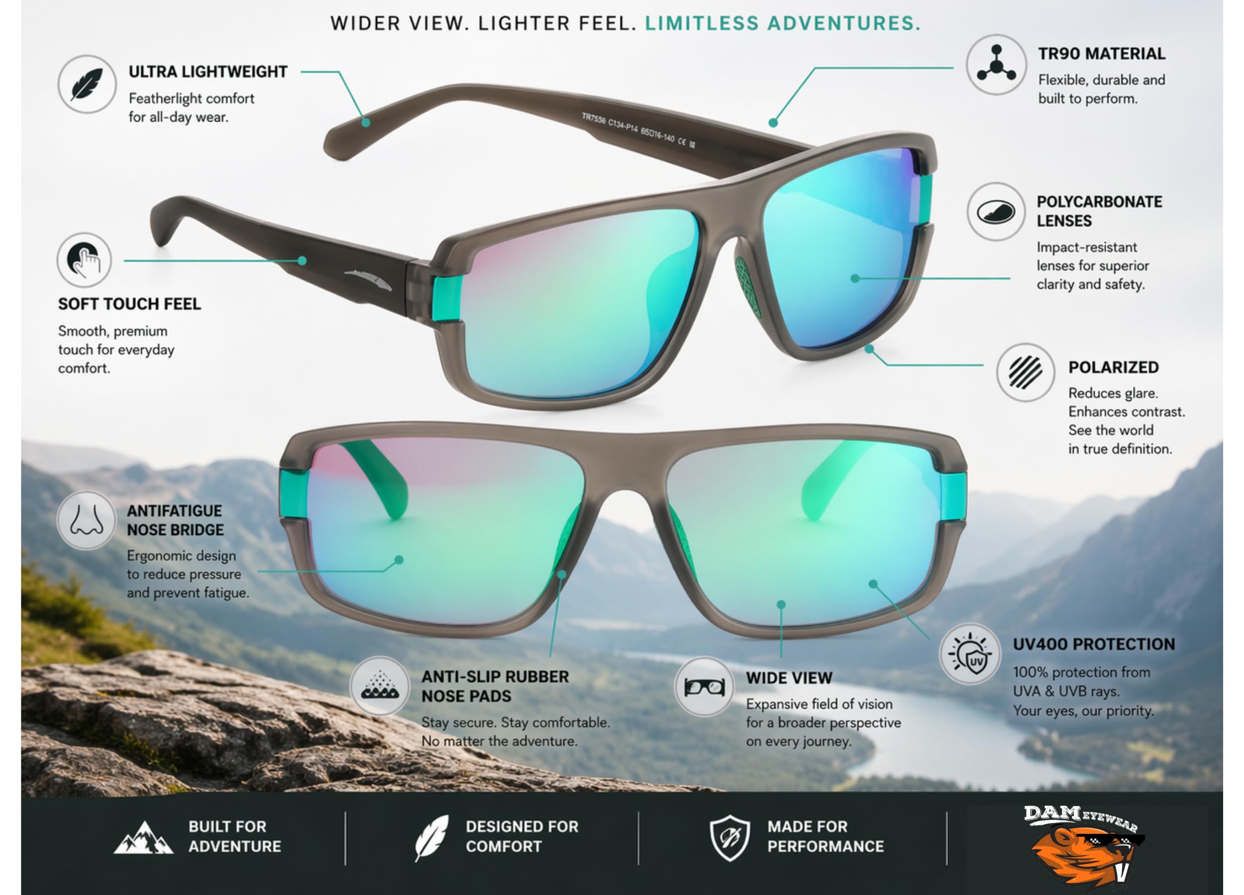 DAM Horizon - Gafas de sol polarizadas ultraligeras, 100% protección UV y luz azul, antideslizantes, opciones de lentes verdes y grises