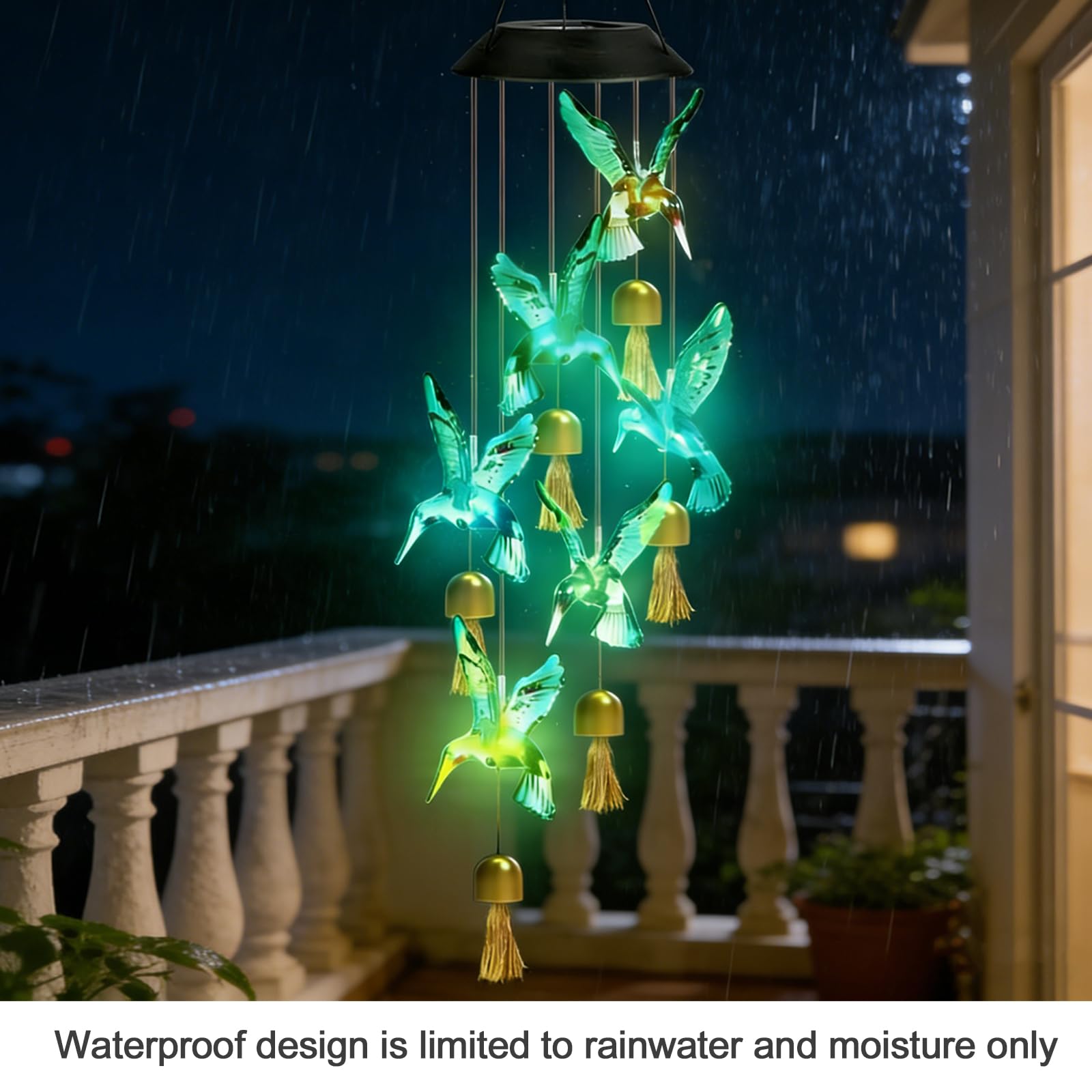 2 scacciapensieri solari per esterni, scacciapensieri a energia solare, per esterni, a forma di vento, per giardino, colibrì, per esterni, a LED che cambiano colore, impermeabile