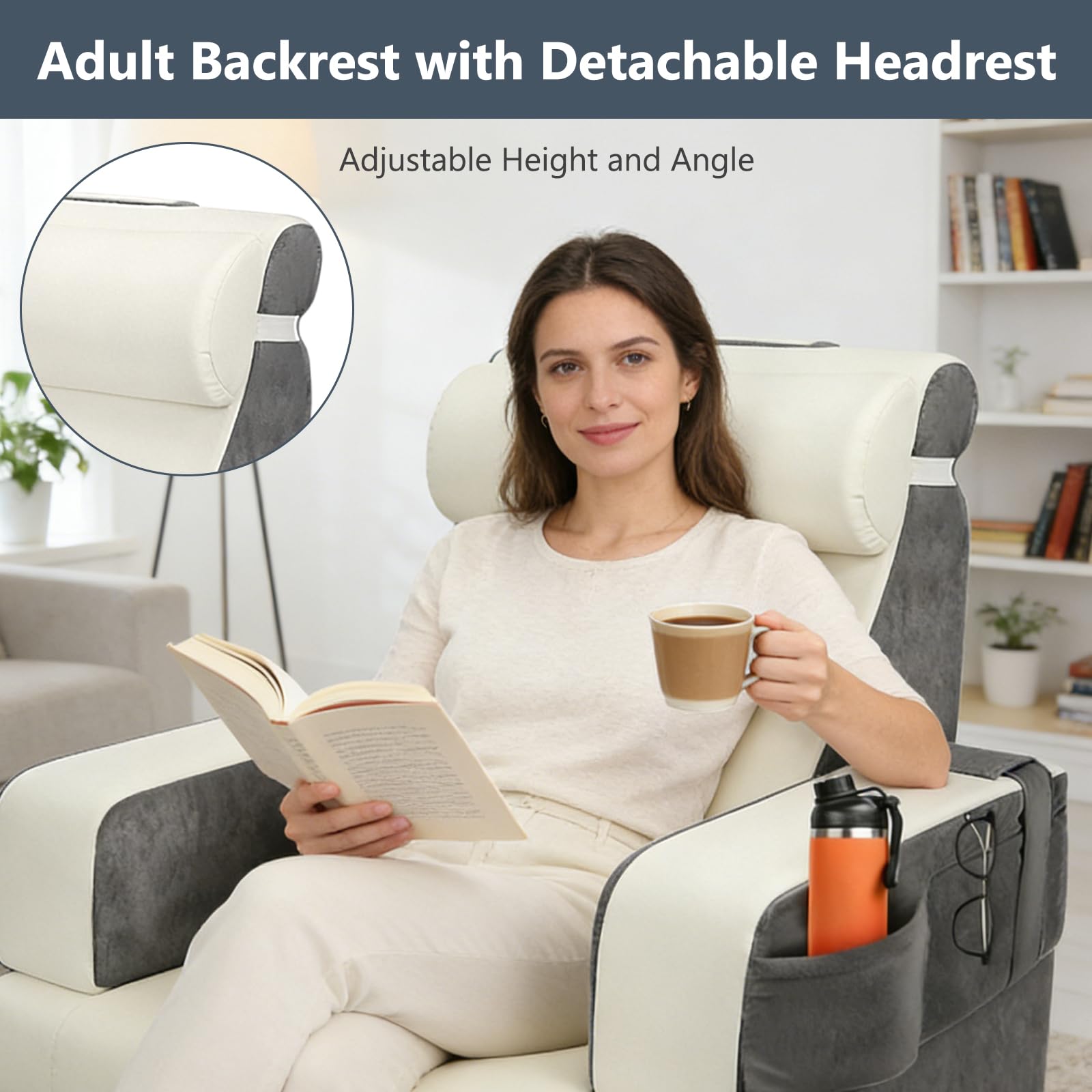 Lesekissen für Bett und Sofa,Rückenkissen Bett mit Abnehmbarer Nackenrolle & Armlehne,Ergonomisches Erwachsenen Rückenkissen mit Waschbarem Bezug, Rückenstützkissen zum Lesen/Fernsehen (Grau+weiß)