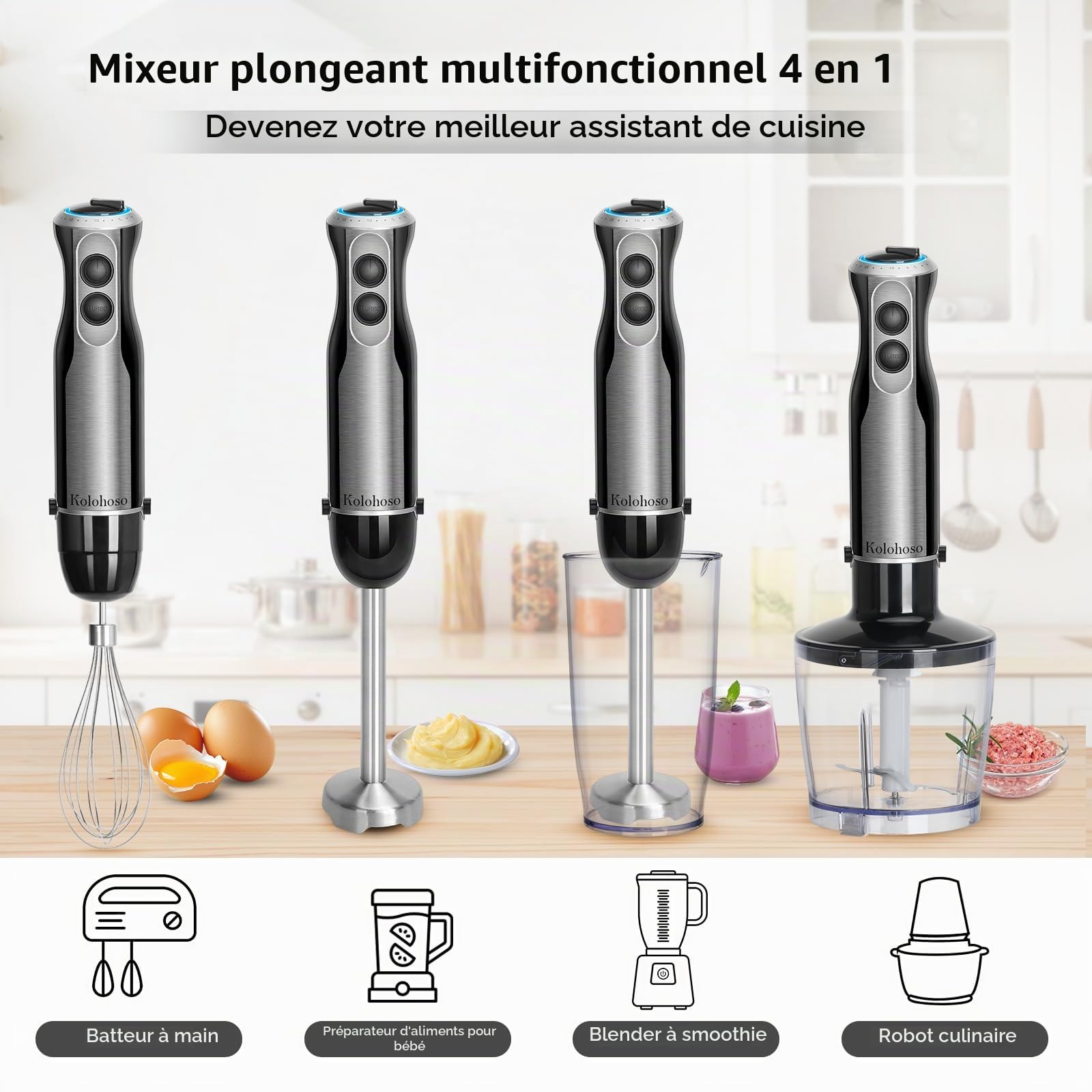 1500W Mixeur Plongeant 4 en 1, 20 Vitesses+ TURBO, Anti-Éclaboussures