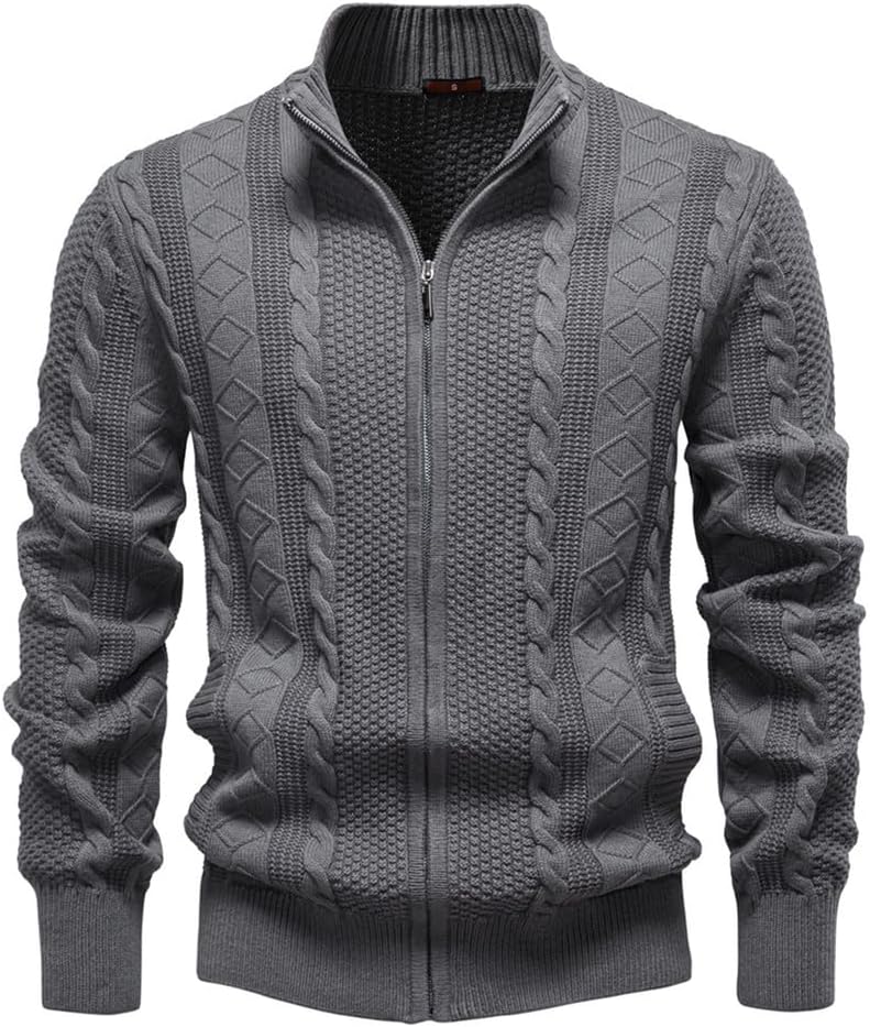 Mens Zip Up Cardigan Sweater Cable Knit Stand Collar Long Sleeve Fall Winter Cardigans