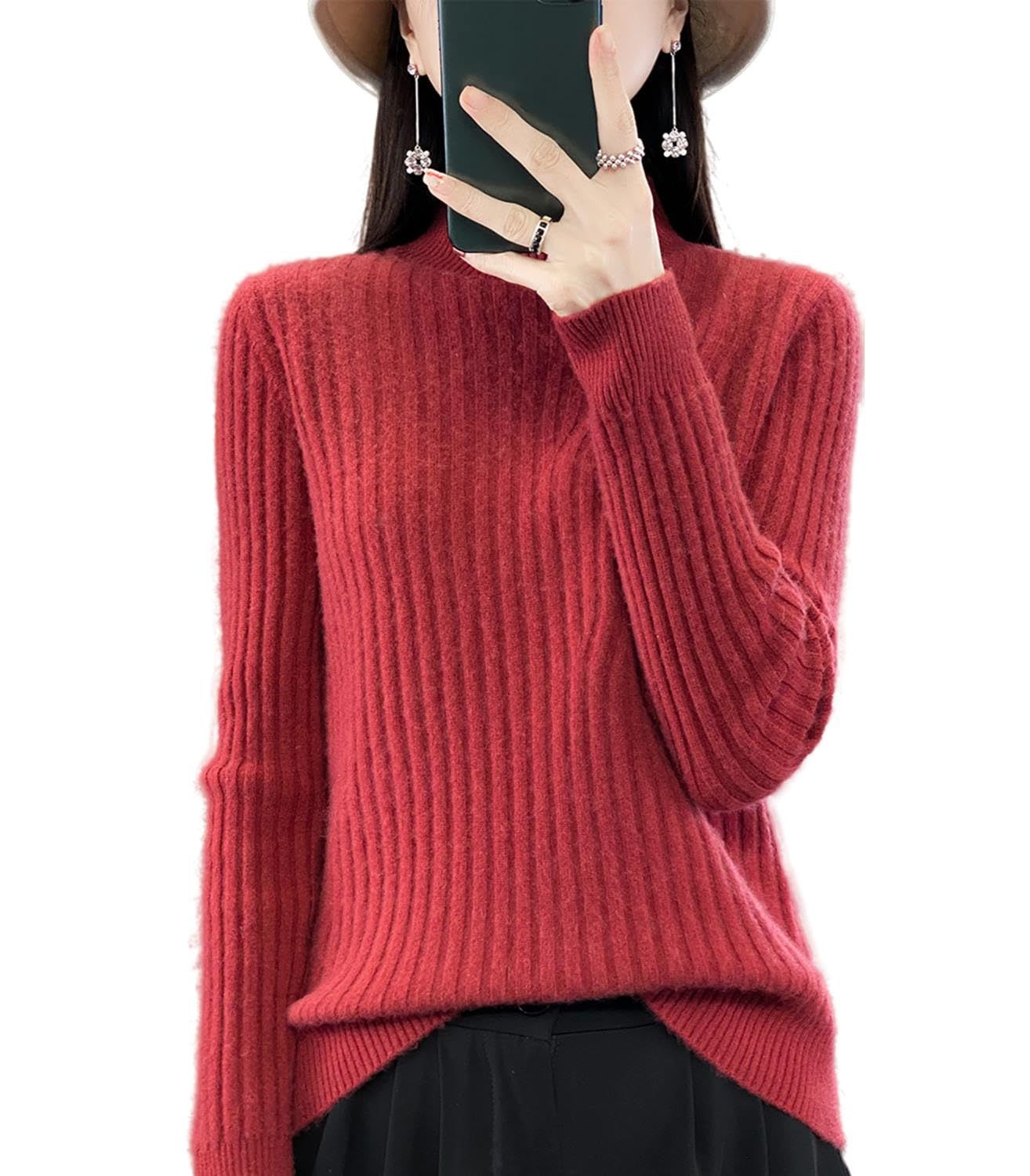 Suéter 100 % de lana merino para mujer, cuello alto falso, manga larga, suéter de punto cálido y suave