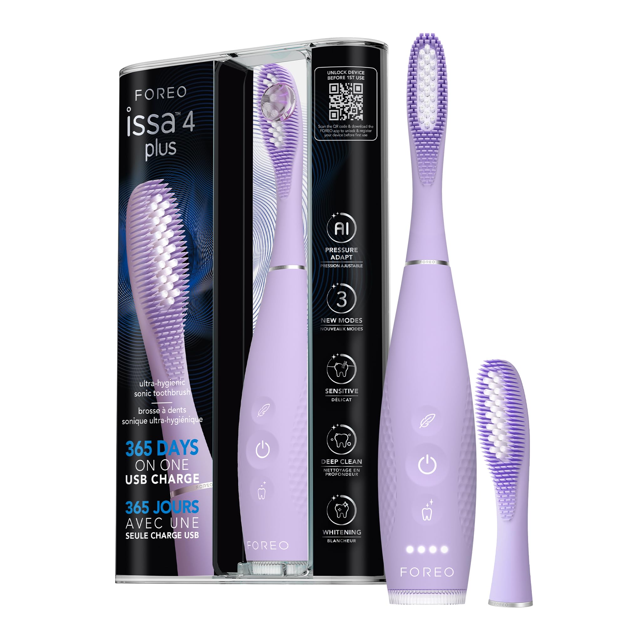 FOREO ISSA 4 Plus Sonic Electric Toothbrush - 4-in-1 AI-Guided Rechargeable Toothbrush Bundle with Extra Silicone & Polymer Hybrid Brush Head, Soft Bristles, Whitening Teeth - Lavander