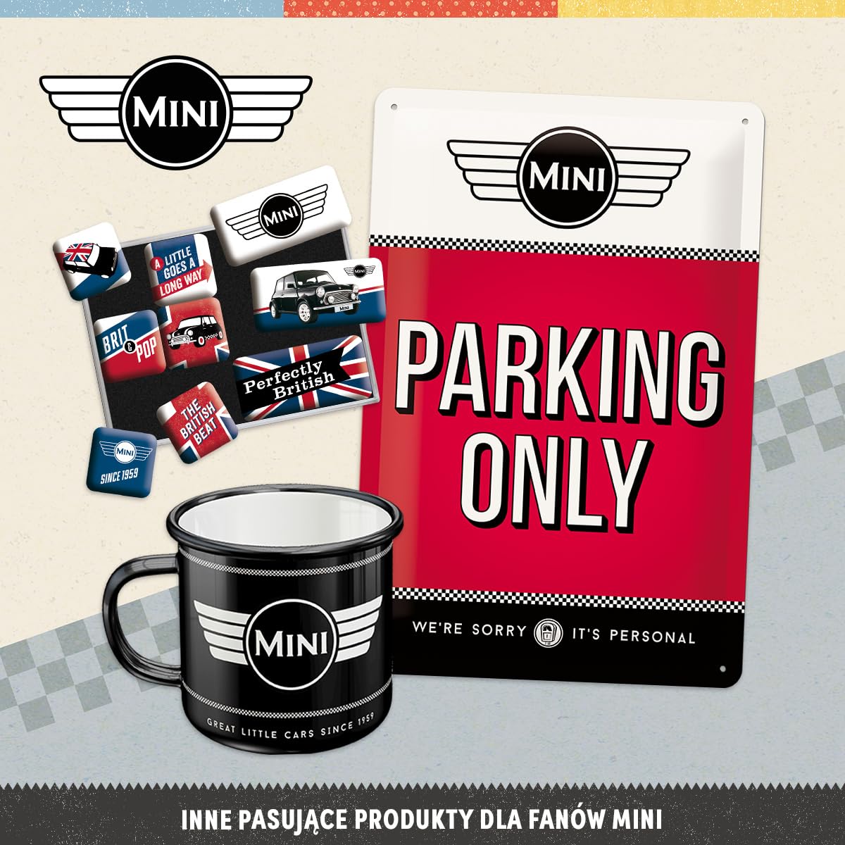 Nostalgic-Art Retro magnesy na lodówkę, 9 sztuk, Mini – Union Jack – Pomysł na prezent dla miłośników Mini Coopera, Official License Product (OLP), zestaw magnesów, Styl vintage