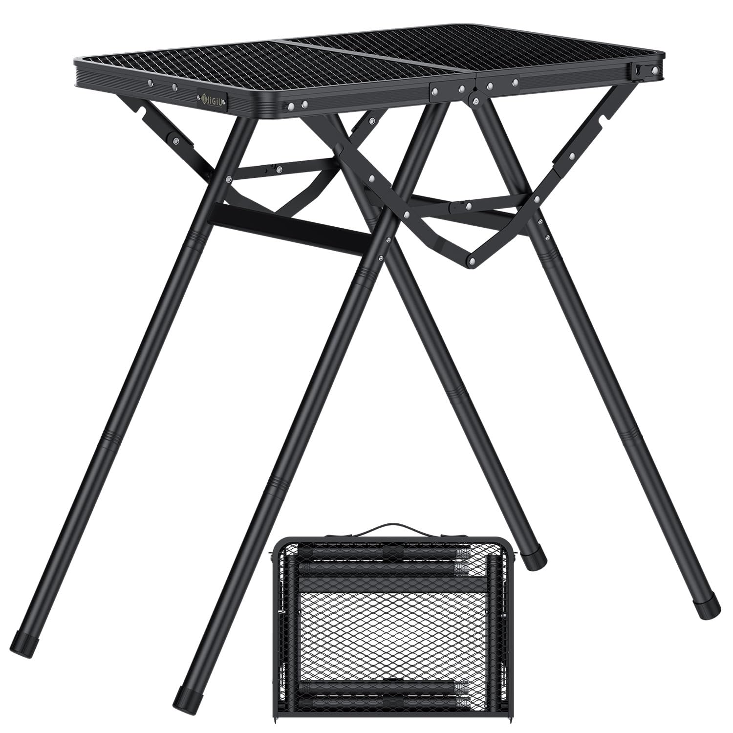 JiGiU Mesa Plegable de Camping 60X40X24.5/47.7/71cm Altura Ajustable Mesa de Malla de Aluminio Estructura en Forma de X Soporte Máxima 80KG para Interior Exterior Senderismo Barbacoa Playa