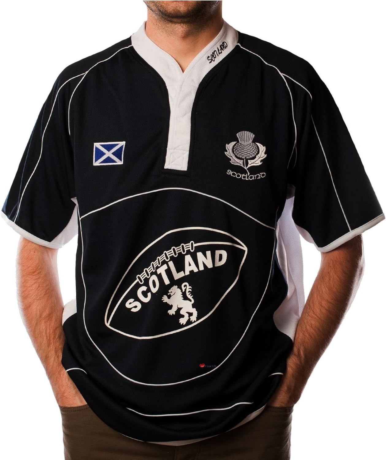 I LUV LTD Scotland Rugby Shirt Short Sleeve Navy White Cool Collar Saltire Badge Medium