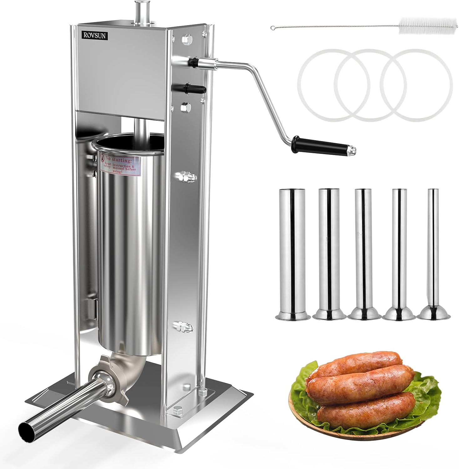 ROVSUN 11LBS/5L Manual Sausage Stuffer, Two Speed Stainless Steel Vertical Sausage Maker, Meat Filling Machine with 5 Stuffing Tubes for Commercial and Home