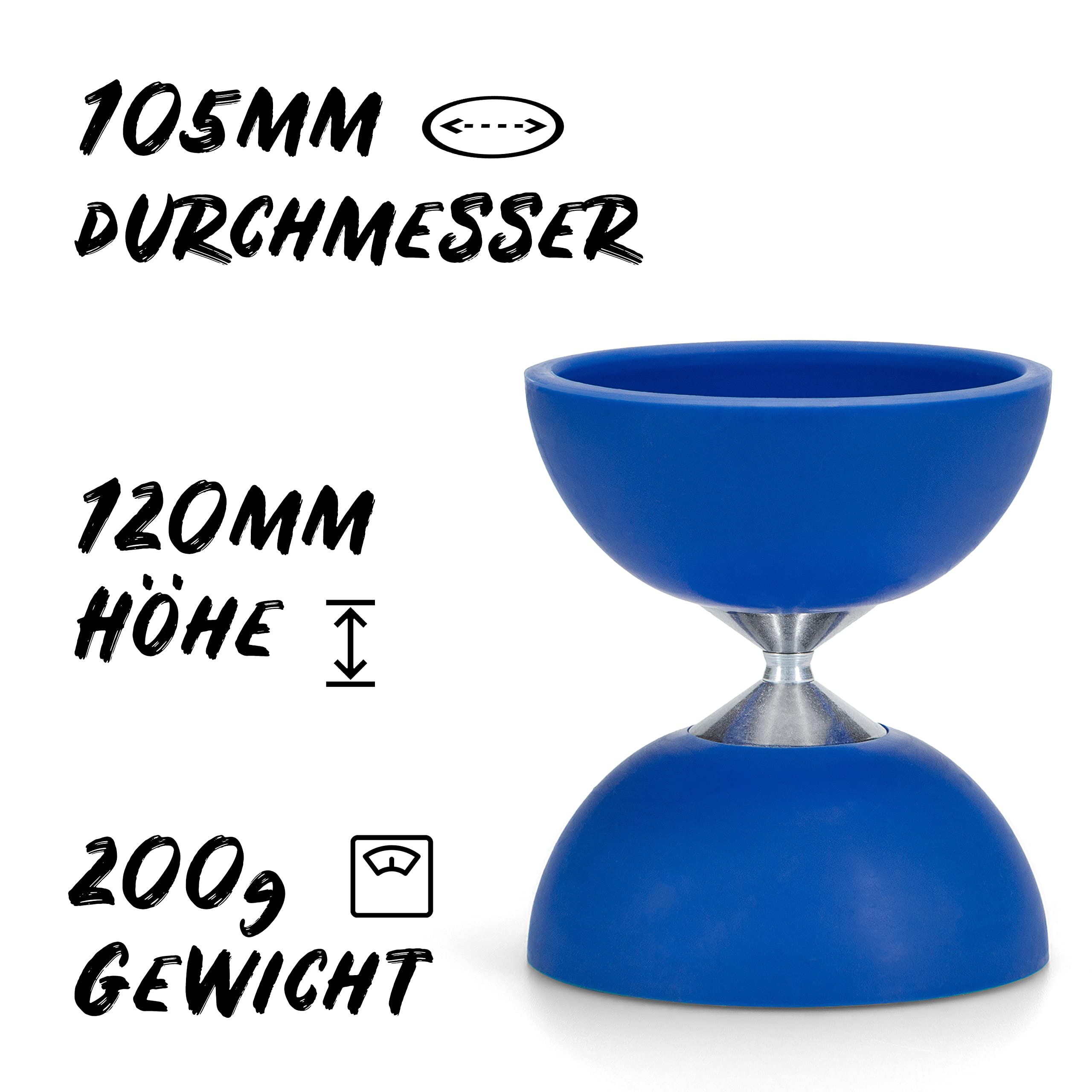 Diabolo Freizeitsport Jonglier-Set Basic mit Diabolo (blau), Handsticks aus Aluminium, Ersatzschnur (160cm), Anleitung, Geschenk für Kinder & Anfänger
