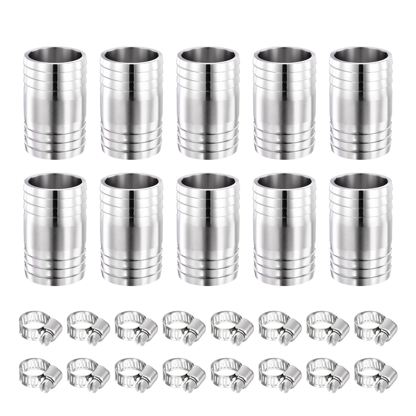 METALLIXITY 10pcs 304 Stainless Steel Hose Barb to Adapter 3/8"(10mm) Barb x 3/8"(10mm) with 20pcs Hose Clamp for Automotive, Motorcycle, Marine, Truck, RV Fuel Systems