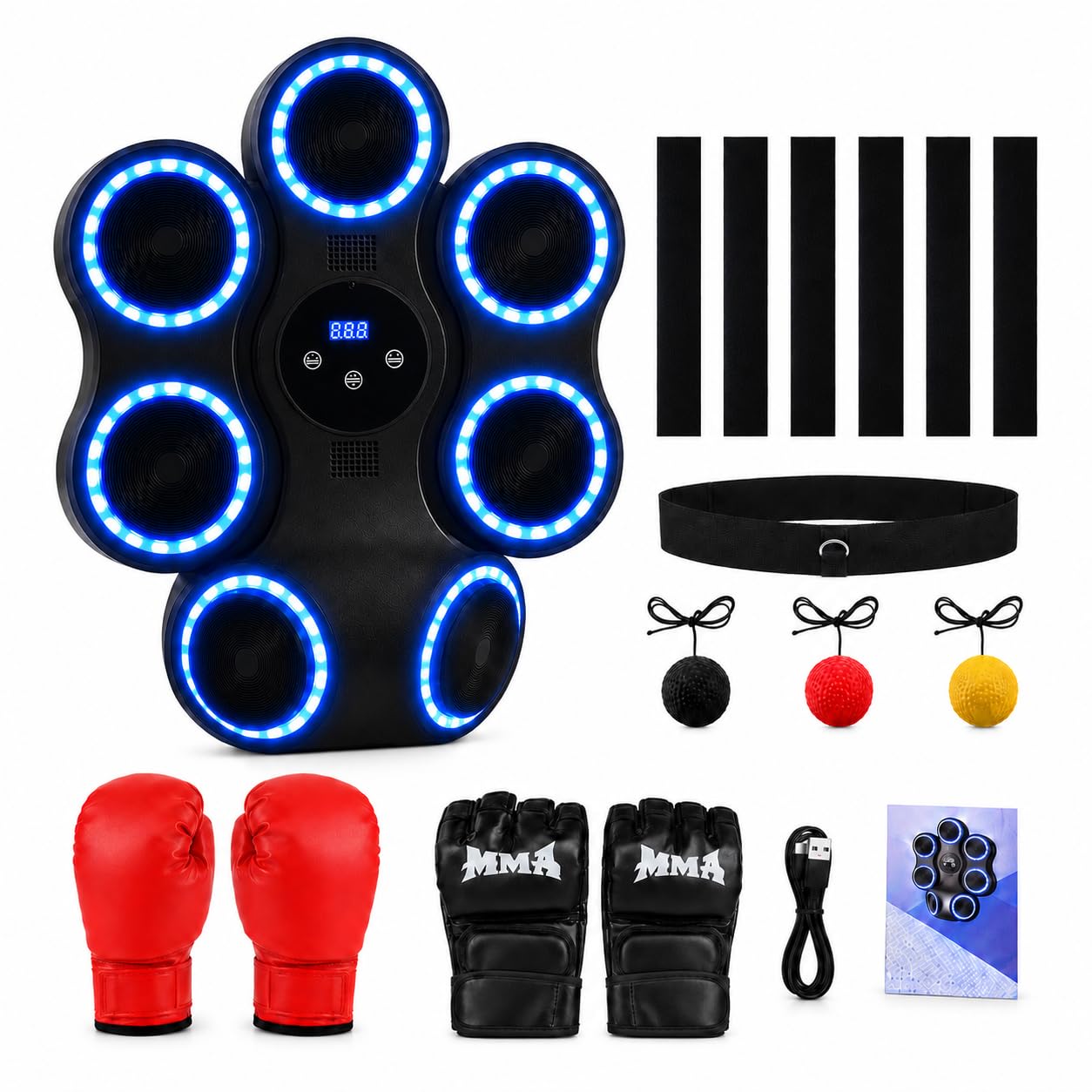 Entrenador de boxeo inteligente para montaje en pared, 7 objetivos electrónicos con gancho izquierdo+derecho, 11 modos y 9 velocidades, música Bluetooth y LED, máquina de boxeo para adultos y niños