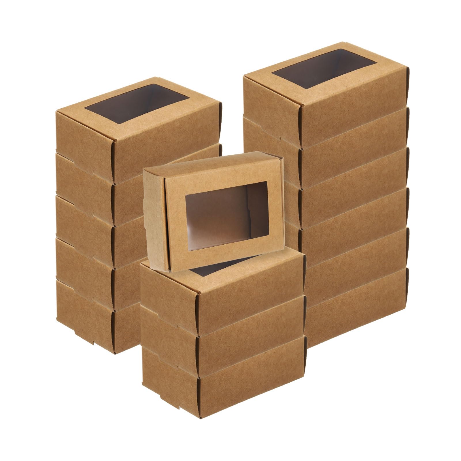sourcing map 60Pcs Kraft Soap Boxes, 3.3" x 2.4" x 1.2" Mini Kraft Treat Box with Clear Window for Candy Cookie Gift Party Favor Treats Packaging (Brown)