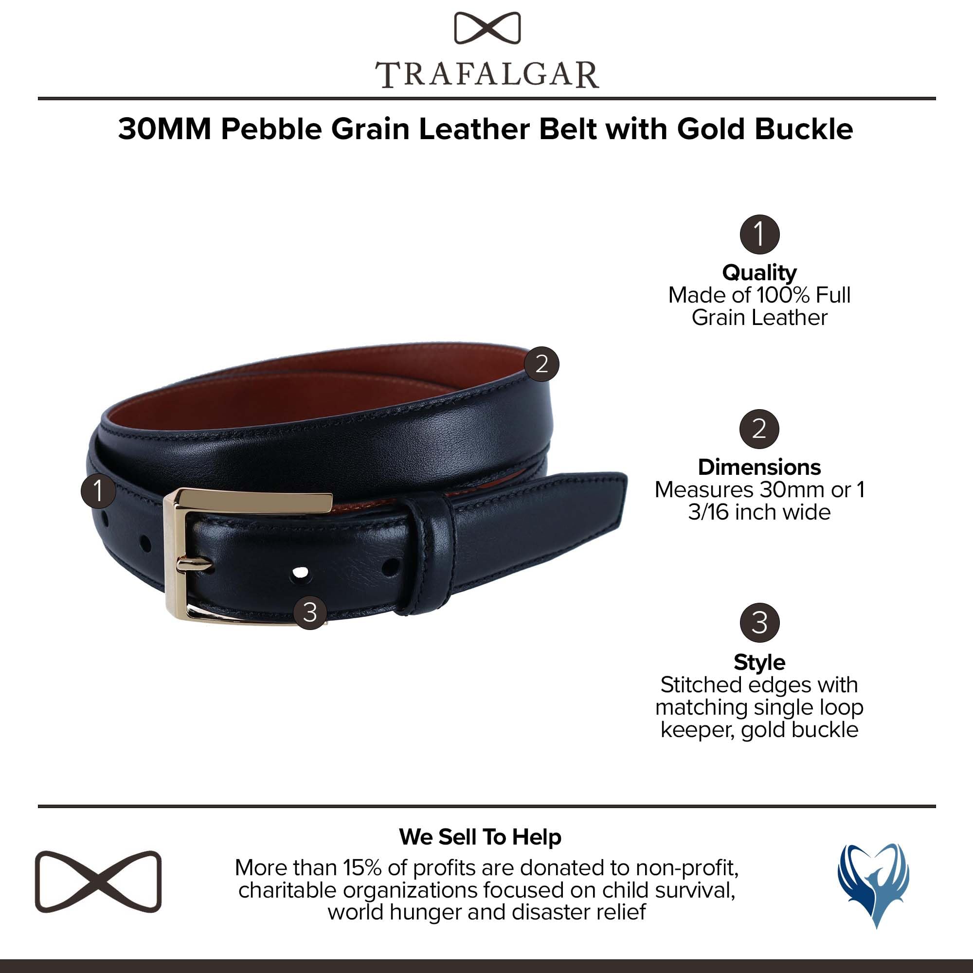 Trafalgar Men's 30MM Pebble Grain Leather Belt with Gold Buckle, 36, Black