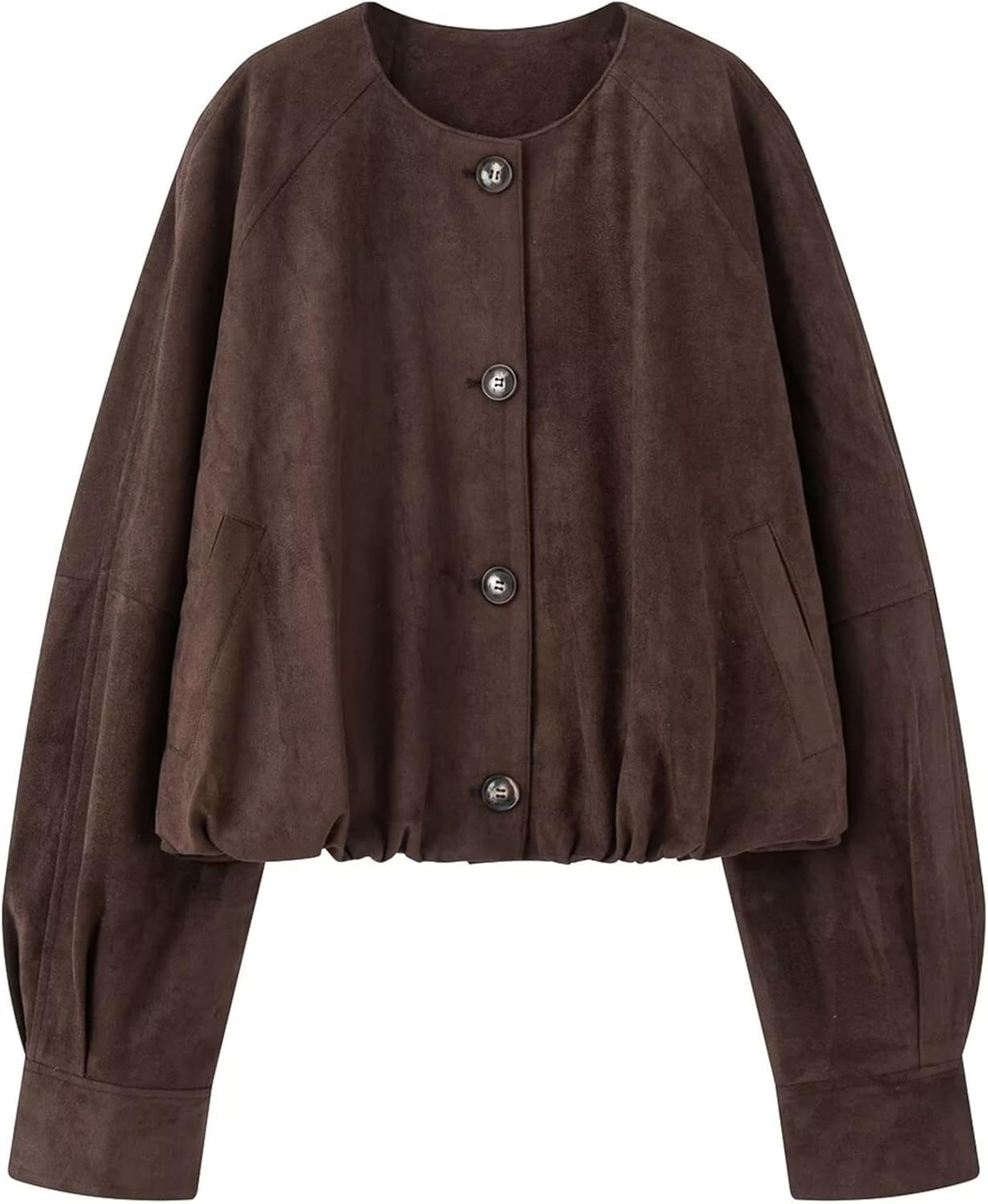 Women’s Cropped Faux Suede Jacket Crew Neck Button Down Outerwear Long Sleeve Oversized Bomber Jacket