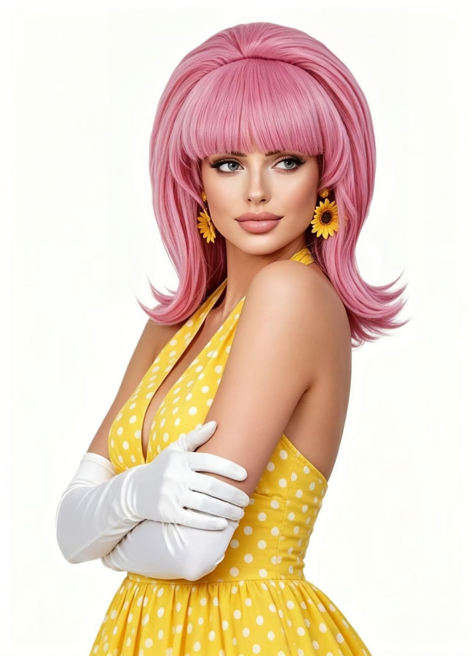 Rugelyss Vintage Short Wavy Pink Wig with Bang Retro Bouffant Beehive Wigs fits 60s 70s 80s Costume or Halloween Party