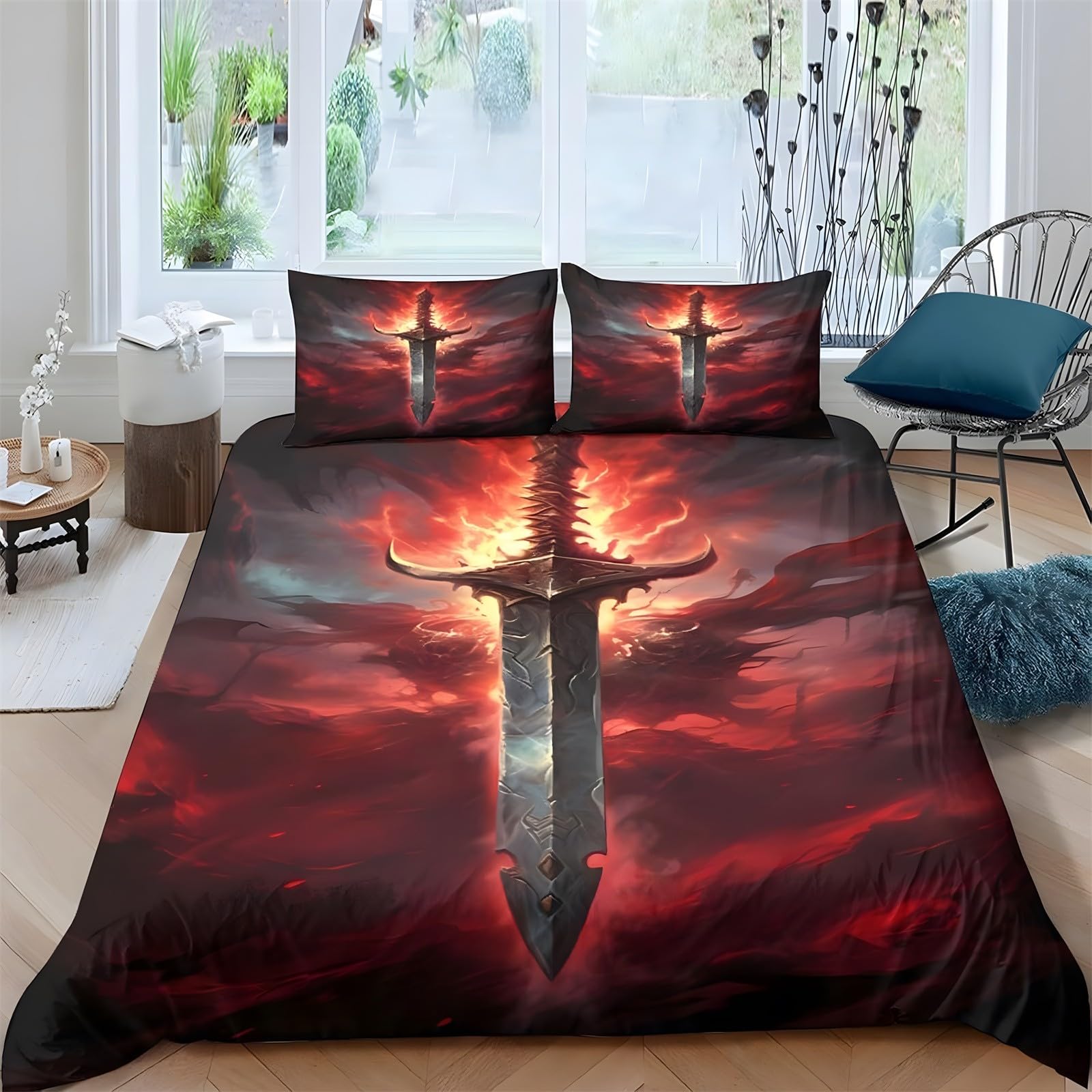 Ypthriline Flames Single Duvet Cover Set Ancient Sword Bedding Set Microfiber Duvet Covers With Pillowcases Reversible Bedding With Zipper Closure 135X200cm
