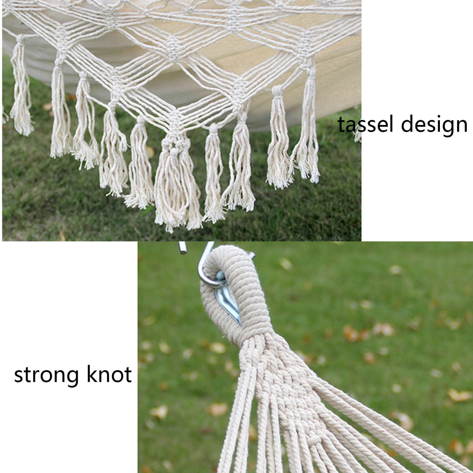 Hamac double en toile de coton avec pompons brésiliens et franges, barre d'épandage au crochet et sac de transport inclus Blanc