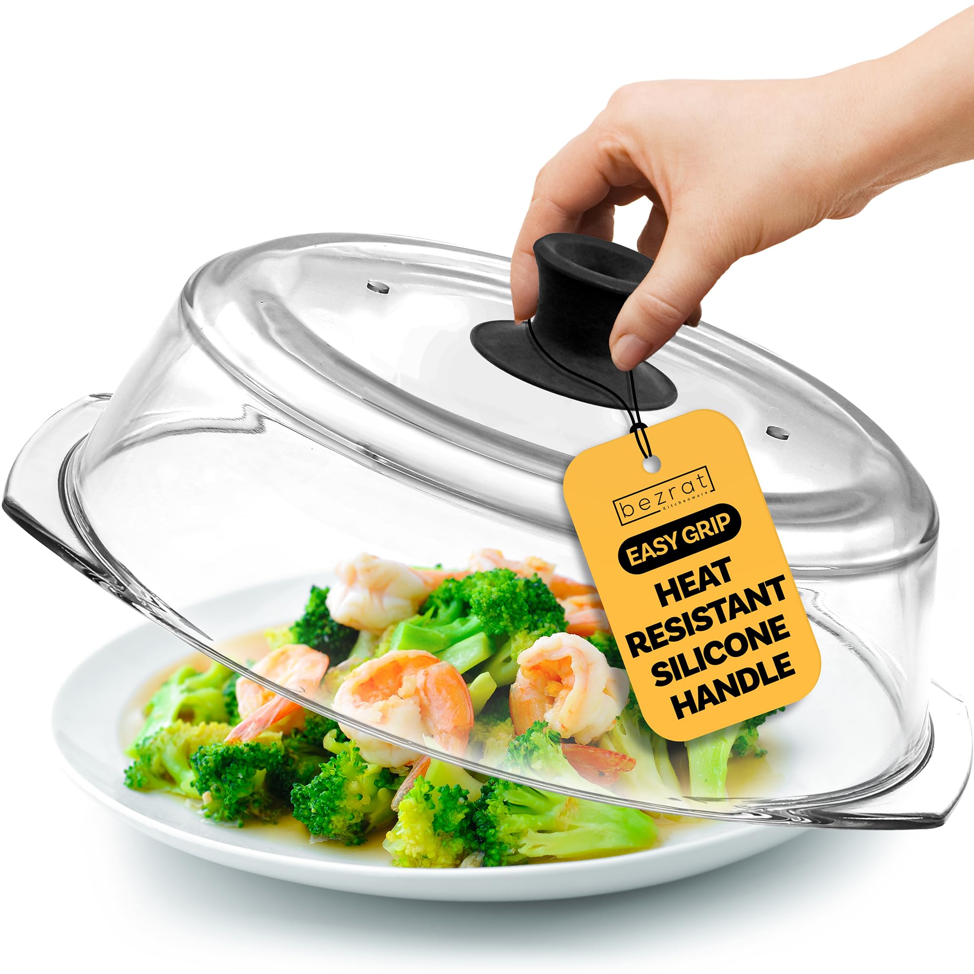 Bezrat Microwave Tall Glass Plate Cover | Splatter Guard Lid with Easy Grip Silicone Handle Knob | 100% Food Grade | BPA Free and Dishwasher Safe | 10 Inch (Black-)