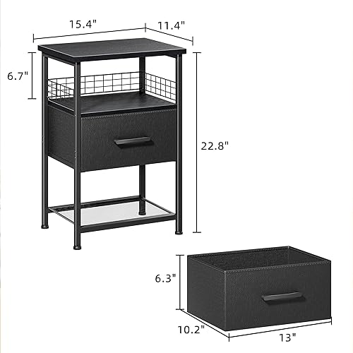 Miniatura 20 de Juego de 2 mesitas de noche con cajón, mesa auxiliar con valla de metal, mesa auxiliar de almacenamiento de 3 niveles con estante de malla, para