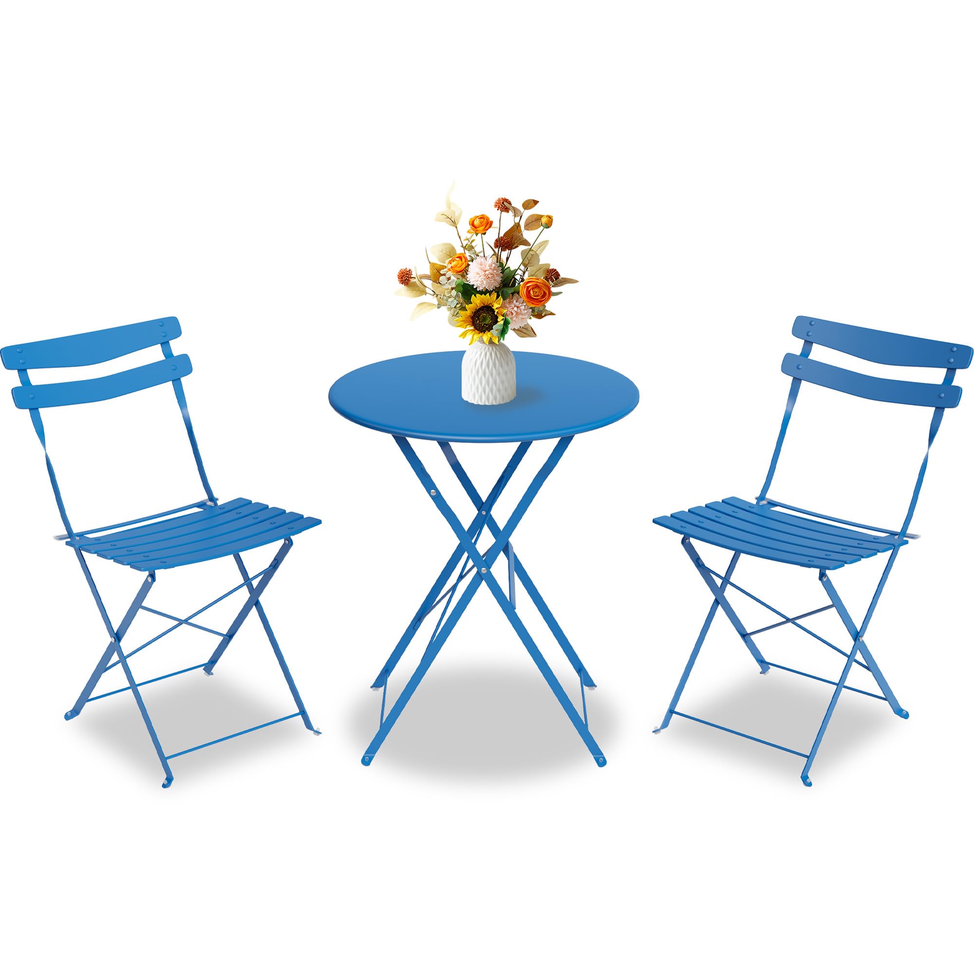 AffinityFurn Folding Bistro Set 3 Pieces, No Assembly, Space-Saving Outdoor/Indoor Metal Table and 2 Chairs, Compact & Weather-Resistant Furniture for Balcony, Garden, Porch, Old Blue