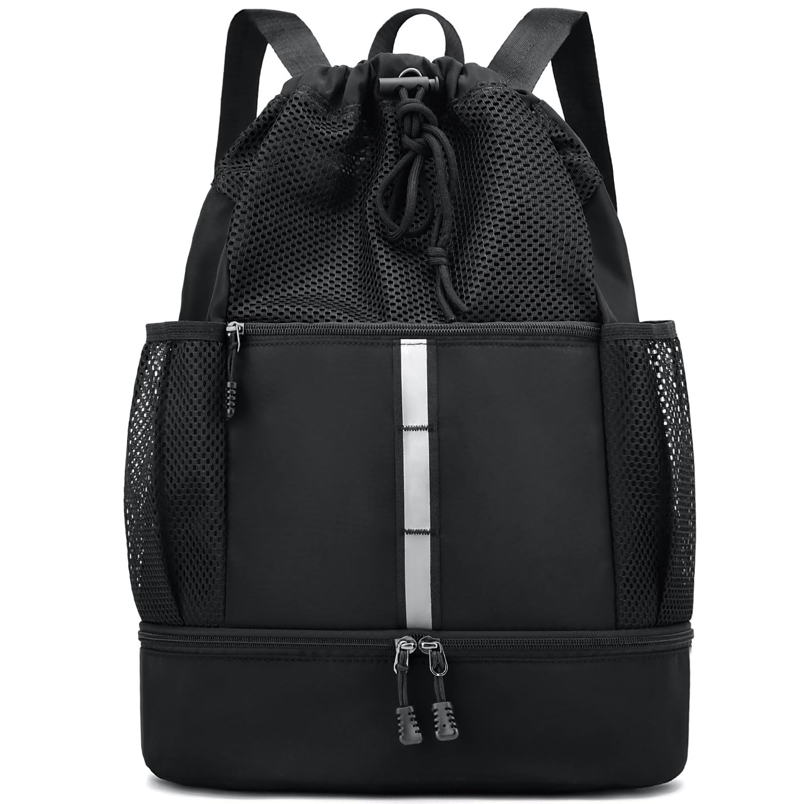 Drawstring Gym Bag for Men/Women - Mesh Beach Swim Bags Sports Backpack with Wet Pocket&Shoe Compartment, Lightweight