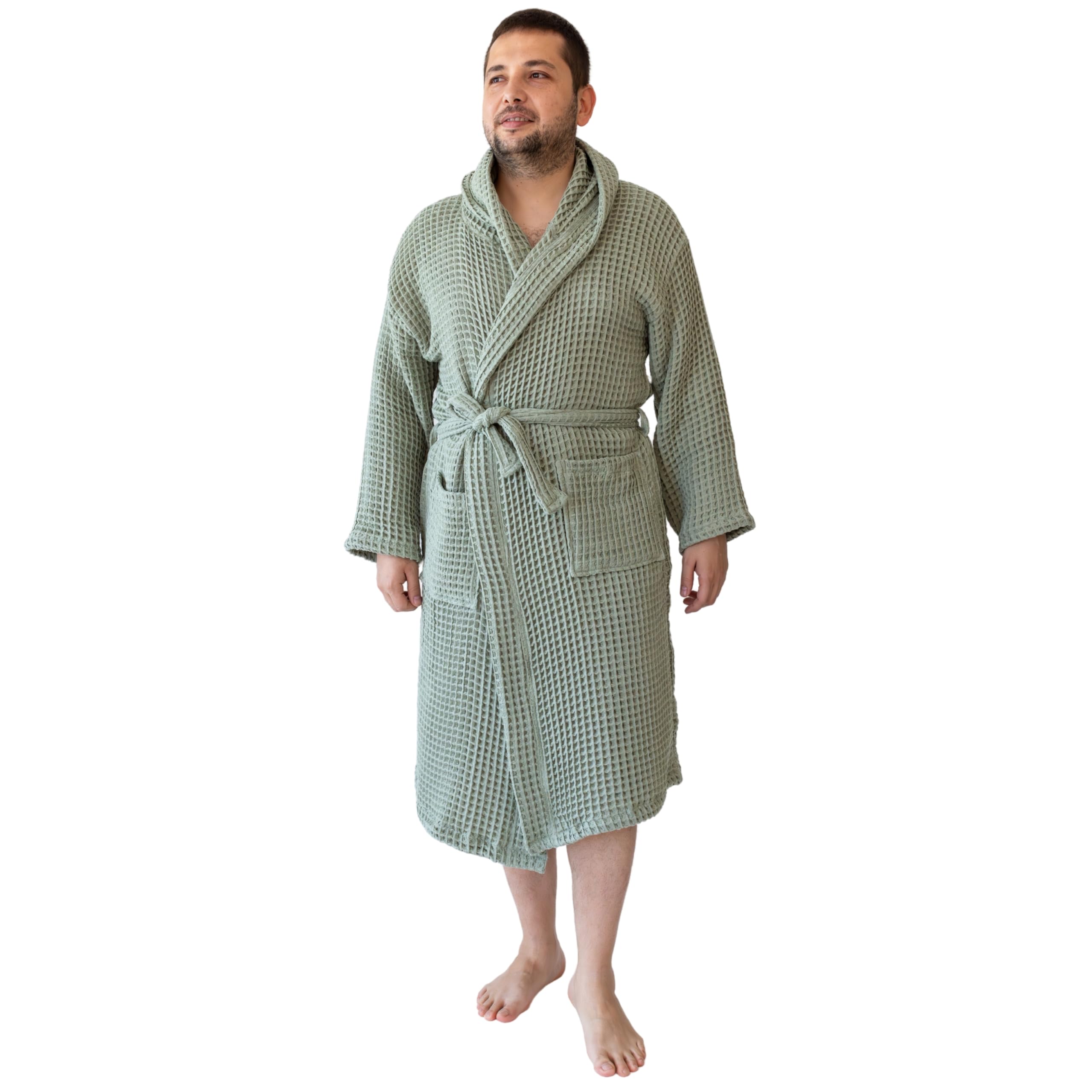 Viva Maison 100% Turkish Cotton Men's Waffle Robe with Hooded, Premium Soft Cozy Housecoat or Quick-Dry Bathrobe for Mens