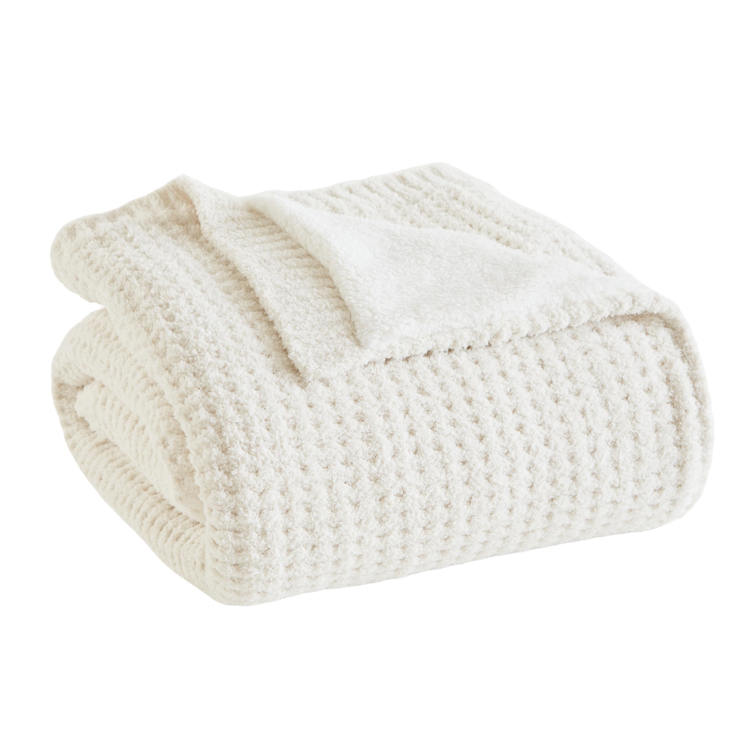 Photo 1 of ***DIRTY*** Madison Park Luxuriously Cozy Chenille Throw Blanket Waffle Weave Reversible Soft & Warm Sherpa Throw, Lightweight, Breathable Waffle Throw, Farmhouse Room Décor Summer Blanket, 50x60, Ivory