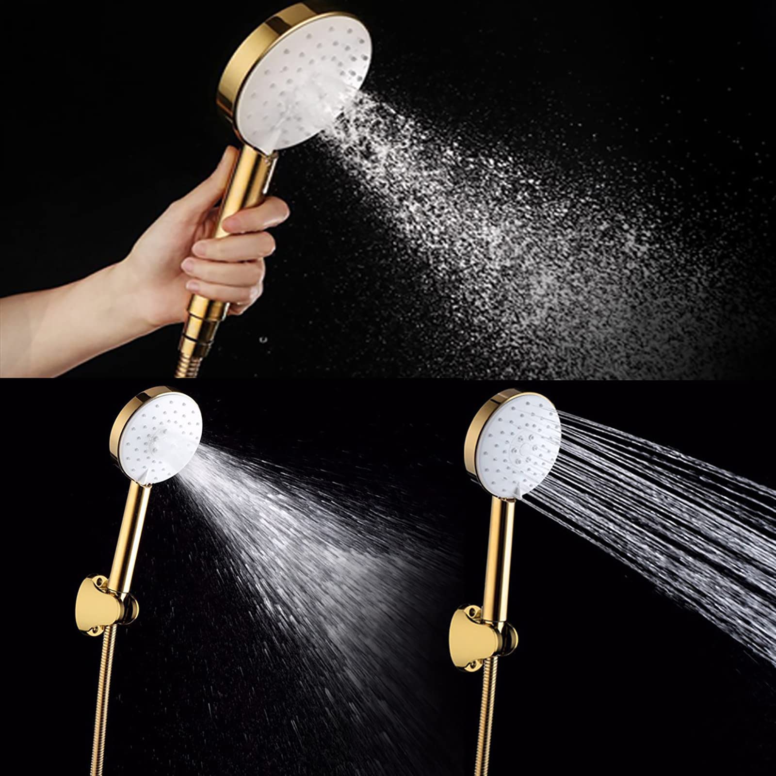 Alcachofa Ducha Alta Presión 3 Modos, ABS Antical Alcachofa de Ducha de Mano con Manguera 1.5M, Soporte, G1/2 Ajuste Universal Oro Duchas de Baño Alcachofa, Fácil de Instalar