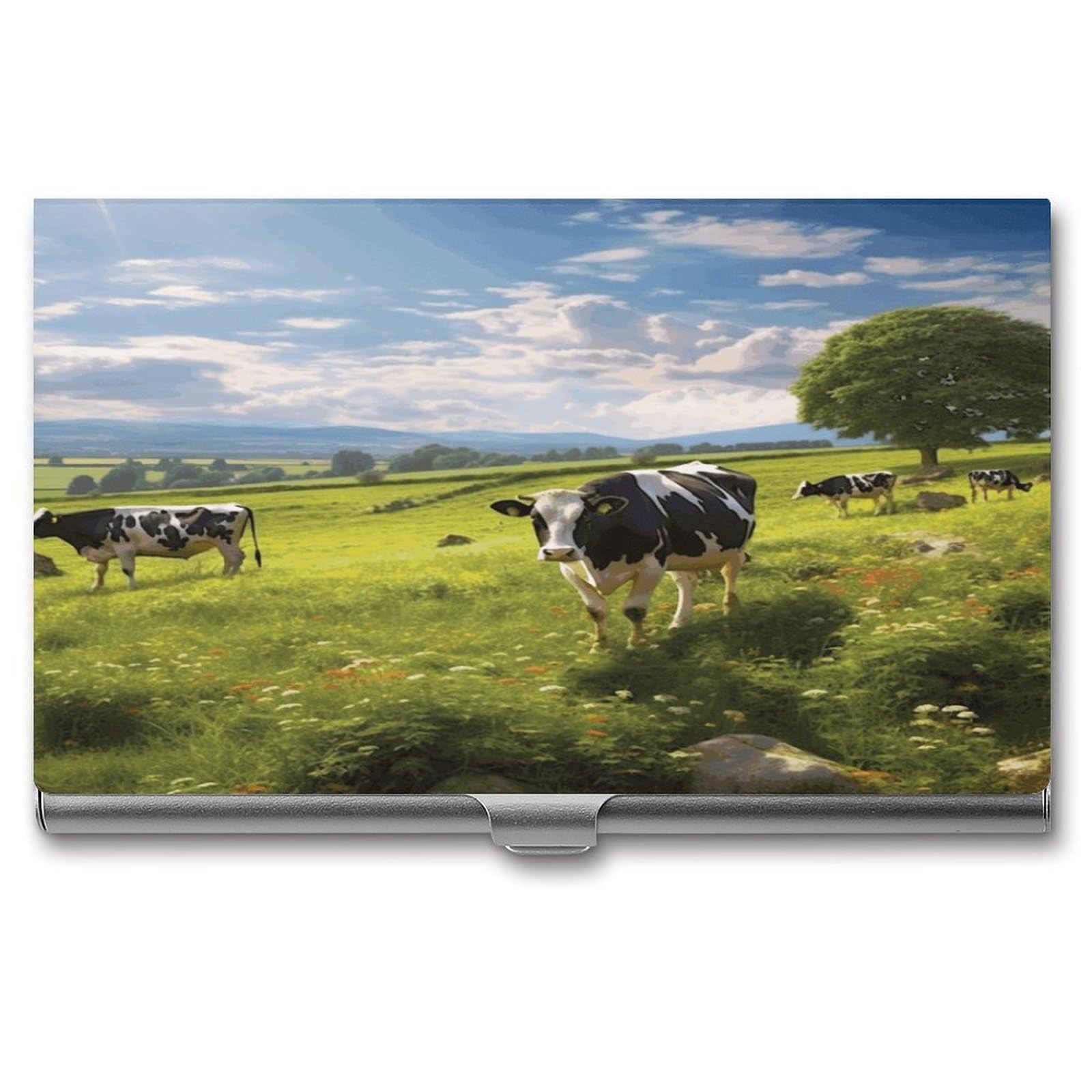 LZQPOEAS Cows Grazing Business Card Holder Aluminum Alloy Flip Cover Slim Name Cards Case Lightweight Business Name Card Holder Case Portable Purse Name Cards Holder
