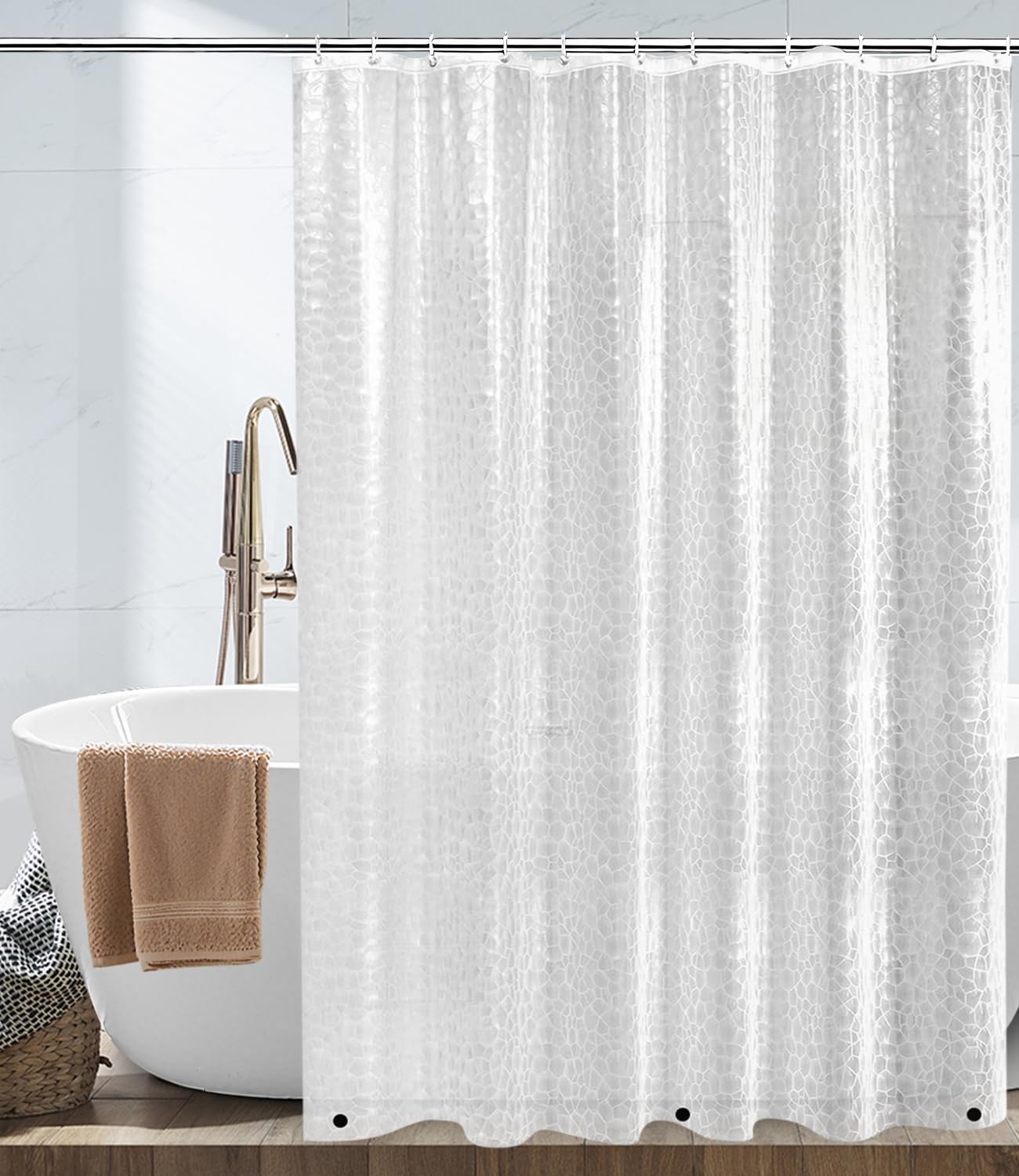Cortina de Ducha, EVA Cortina Ducha 180x200cm, 3D Cubo de Agua Semitransparente Espesas Lavable Cortinas de Baño, Impermeable Antibacteriano Secado Rápido, con 12 Ganchos, para Ducha o Bañera