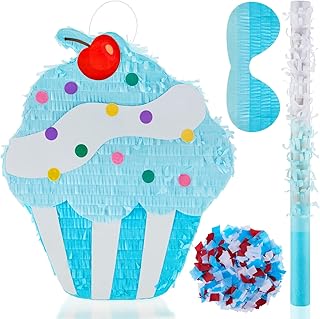 Sosation 15.7" Cupcake Piata for Birthday Party Supplies with Stick, Blindfold and Confetti for Kids Girls Baby Shower Candy Donut Ice Cream Piata Party Decoration Prop