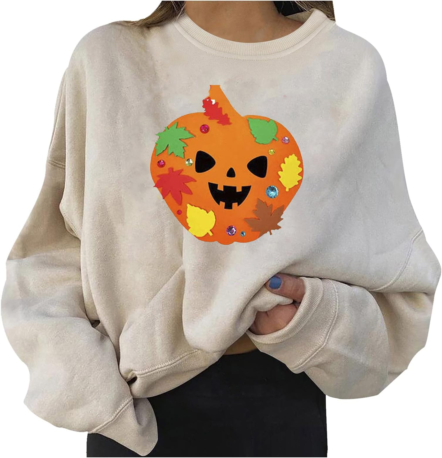 Women Crew Neck Sweatshirts Long Sleeve Oversized Pullover Teen Girls Pumpkin Print Loose Casual Sweaters Plus Size
