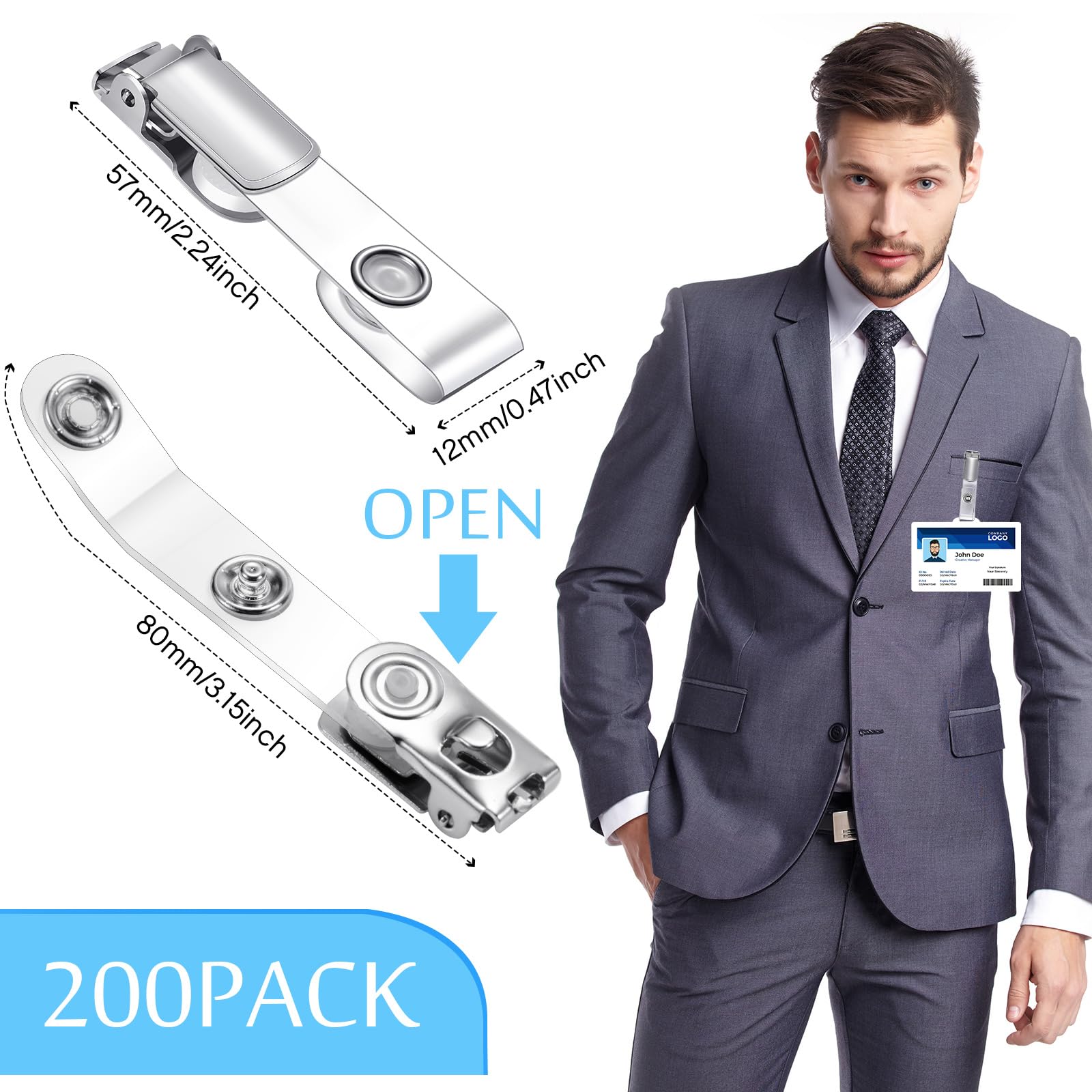 Photect Clip per Badge in Metallo con Cinturini in PVC Trasparenti Clip Portabadge con Bottone a Pressione per Carta Identità Distintivi di Lavoro Porta Targhetta con Nome(200 Pezzi)