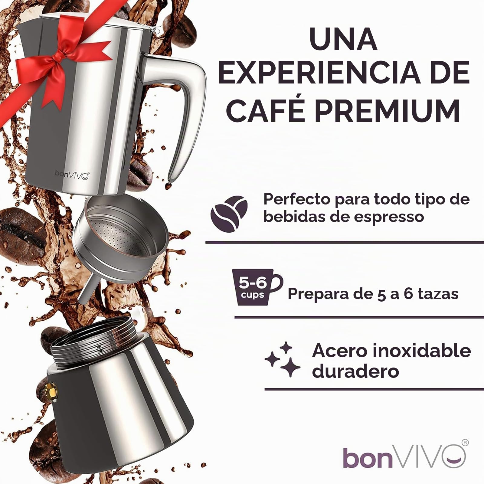 bonVIVO Cafetera Italiana – Cafetera Moka de Acero Inoxidable para Café Espresso – 6 Tazas – Compatible con Inducción, Vitrocerámica, Gas y Eléctrica – Color Cobre Elegante