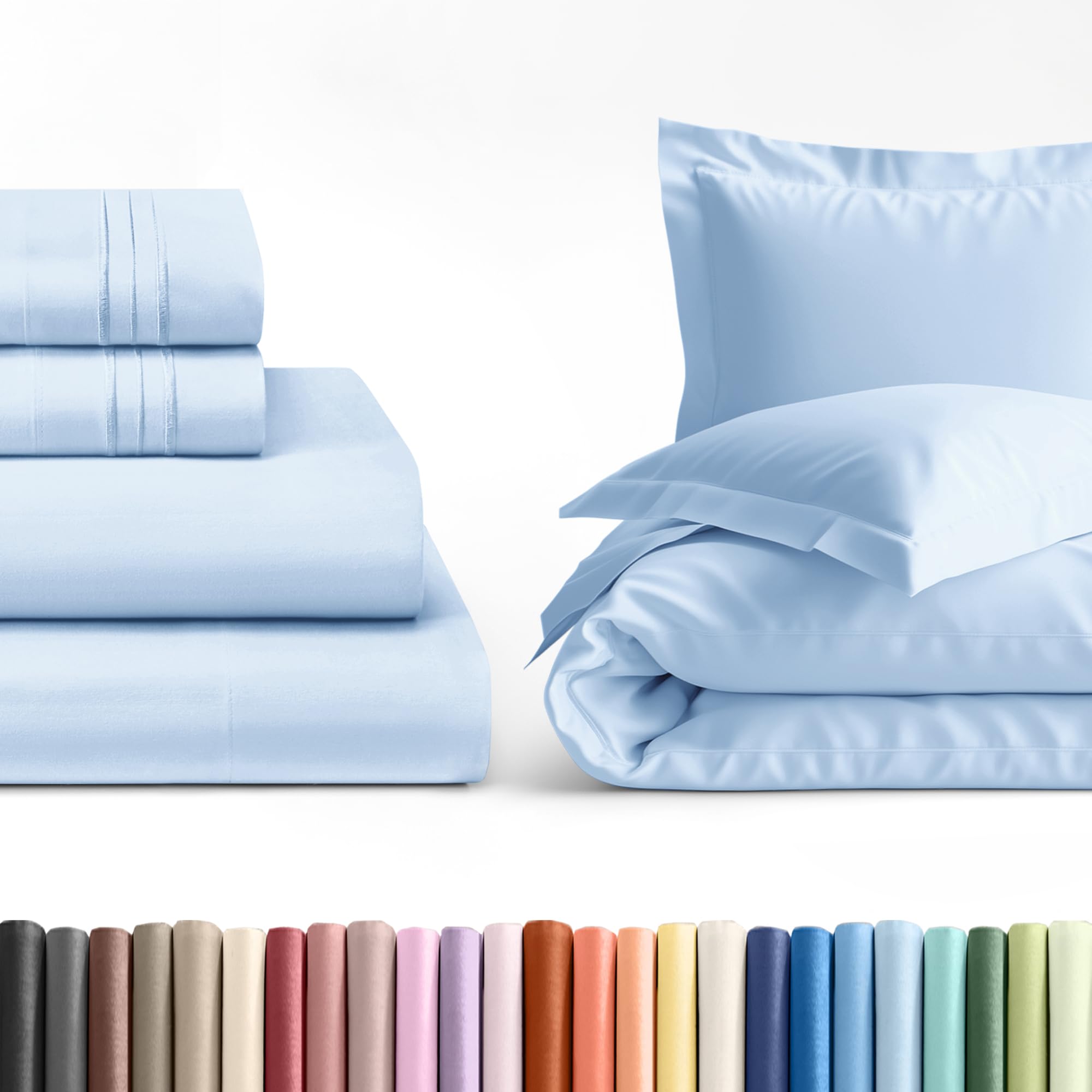 4pc sky blue sheet set with duvet (queen size) bundle - bed set includes fitted sheet, flat sheet, duvet cover & pillow cases/shams - hotel luxury bedding - easy-fit - breathable & cooling duvet set