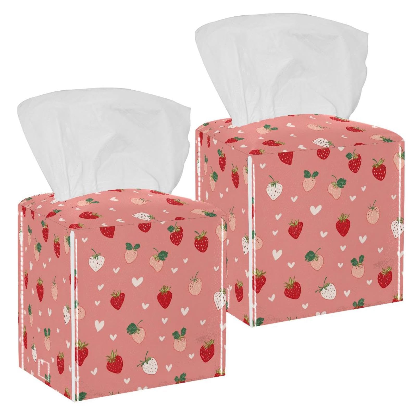 Strawberries and Hearts Tissue Box Cover, 2 Pack PU Leather Square Facial Tissue Dispenser Box holder for Home Office Car