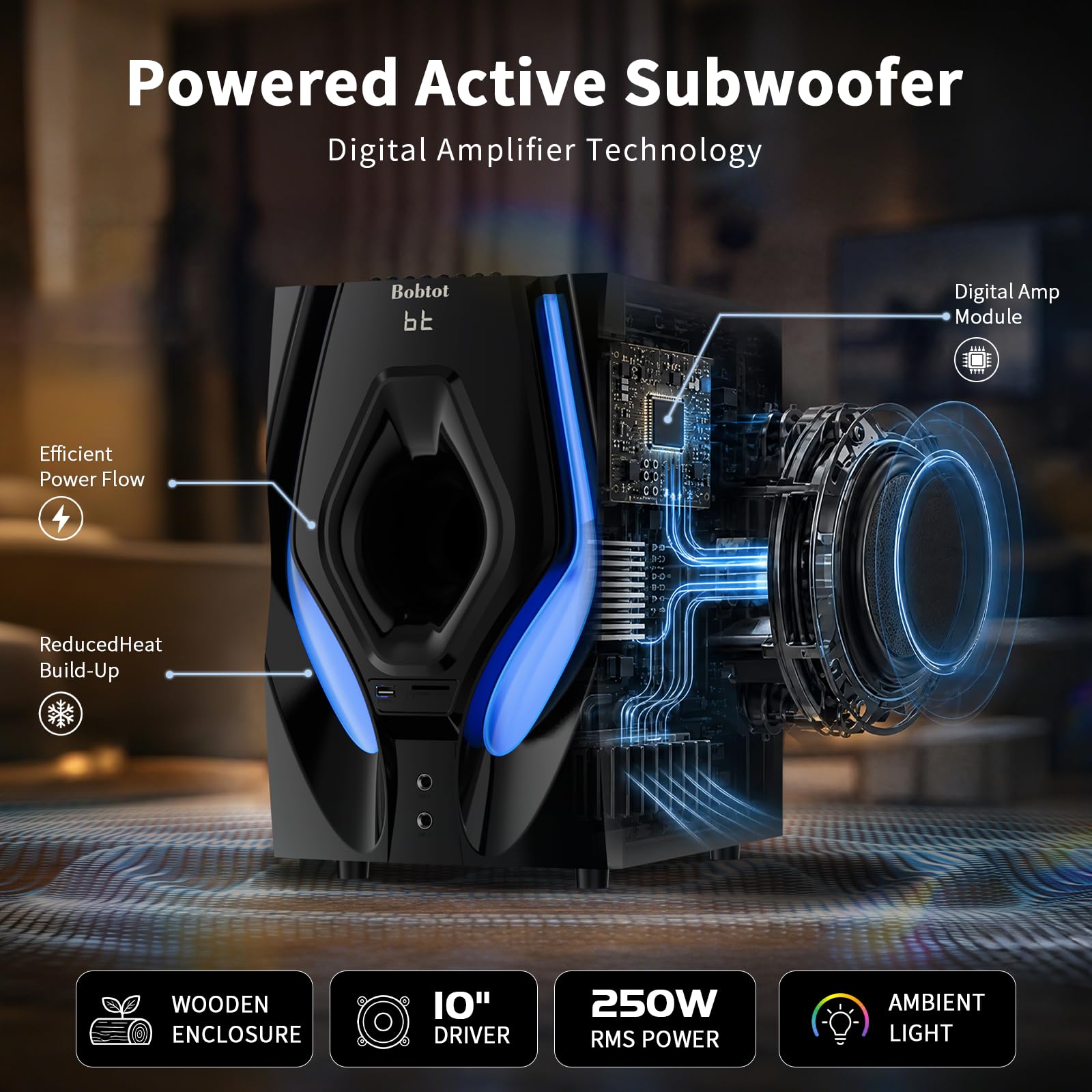 Bobtot Surround Sound Systems Sistema Home Cinema - Potenza di picco 1200 Watt Subwoofer 5.1/2.1 con cavo audio stereo forte altoparlante con ingresso HDMI ARC ottico AUX