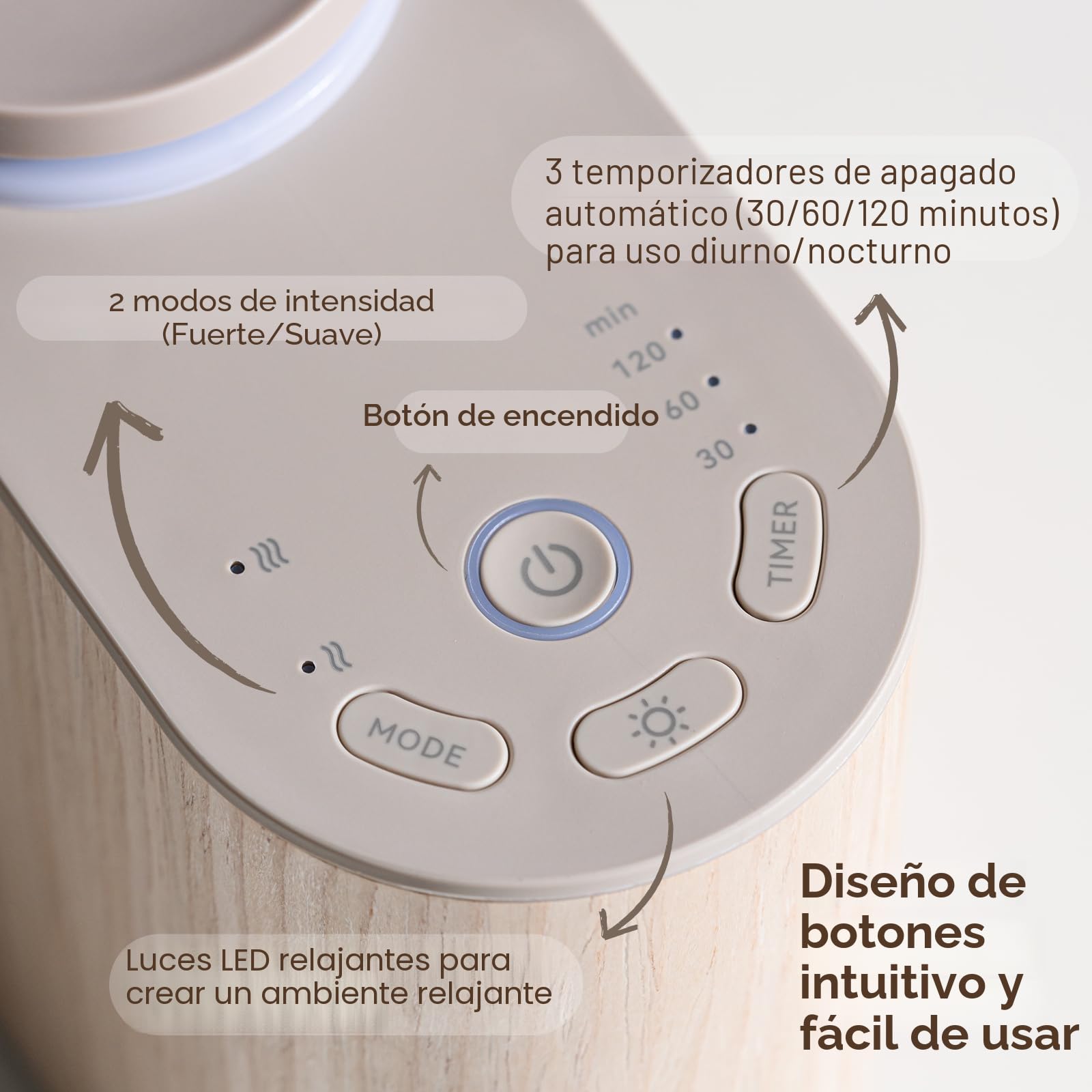 Difusor de aceites esenciales sin agua, tapa de madera maciza, 3 temporizadores, 2 modos de niebla, silencioso