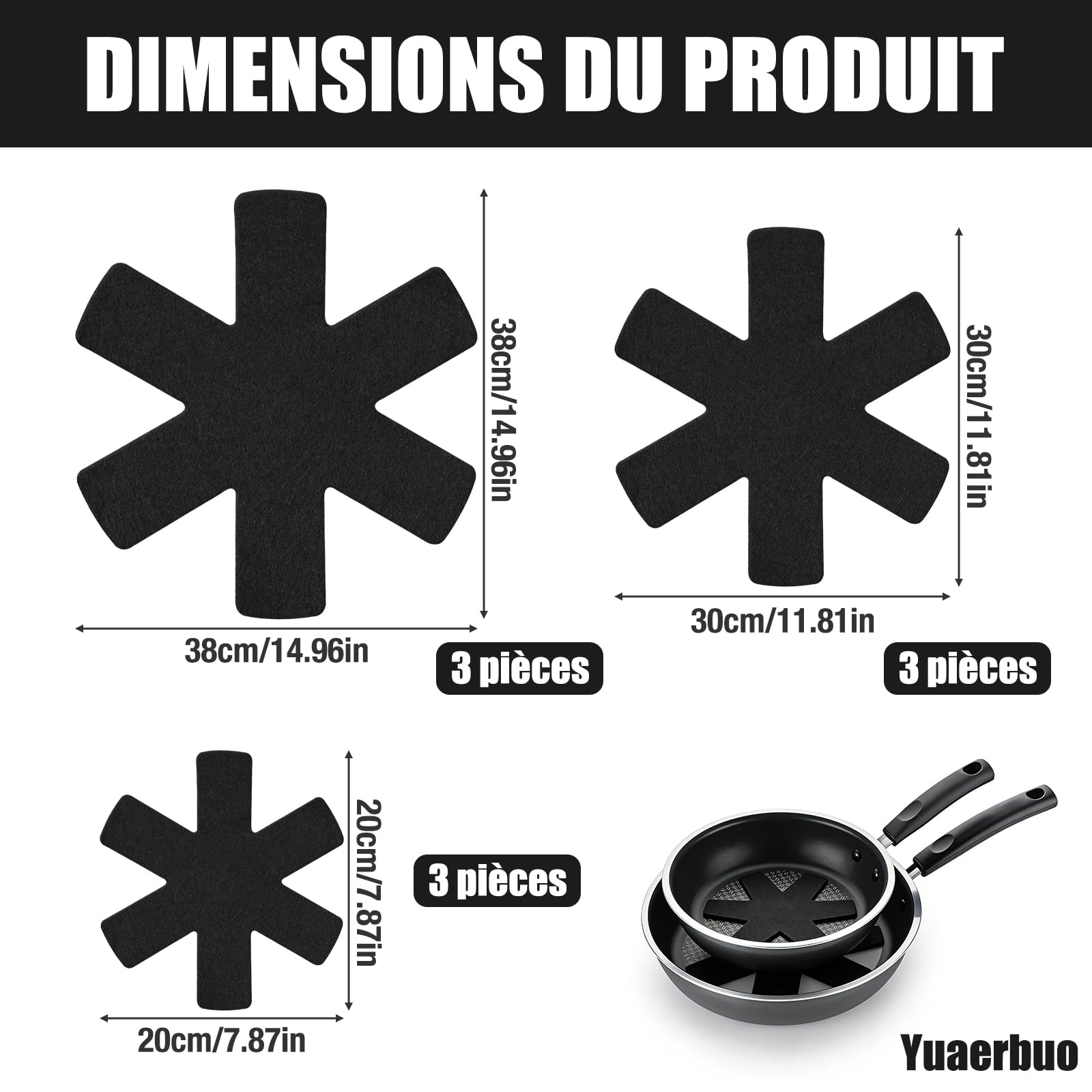 9 PCS Protection Poele et Casserole, Protege Casserole et Poele, Protège-Poêles en Feutre, Coussinets D'intercalaire Séparé, Protege Poele Feutrine Protection, 38 30 20 cm (Noir)