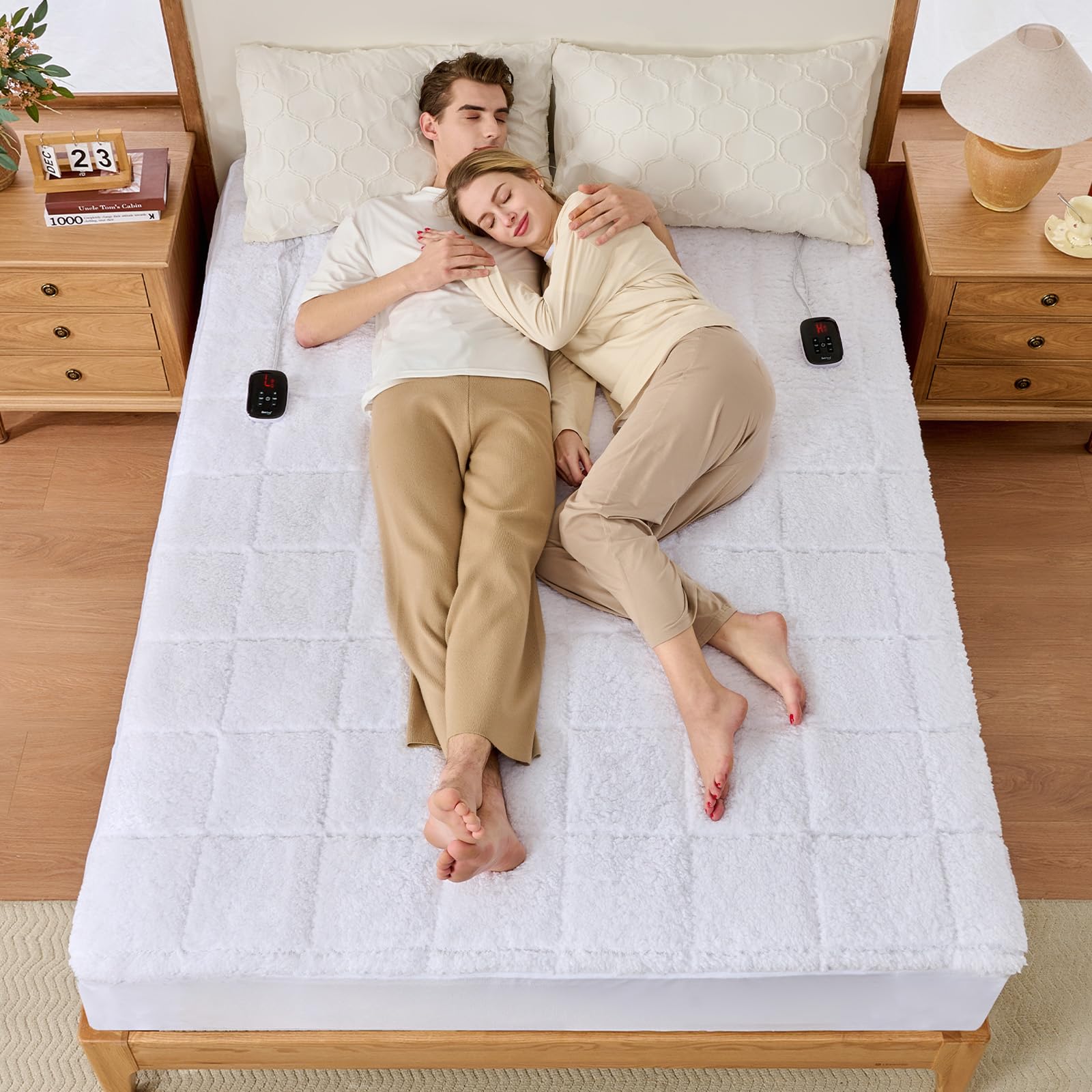 Bearhug Heated Mattress Pad Queen Size Electric Dual Control 60”x80” White Sherpa Bed Warmer 21 Inch Deep Pocket Mattress Heating Pad with 10 Heat Levels 12 Hour Auto Shut Off Machine Washable