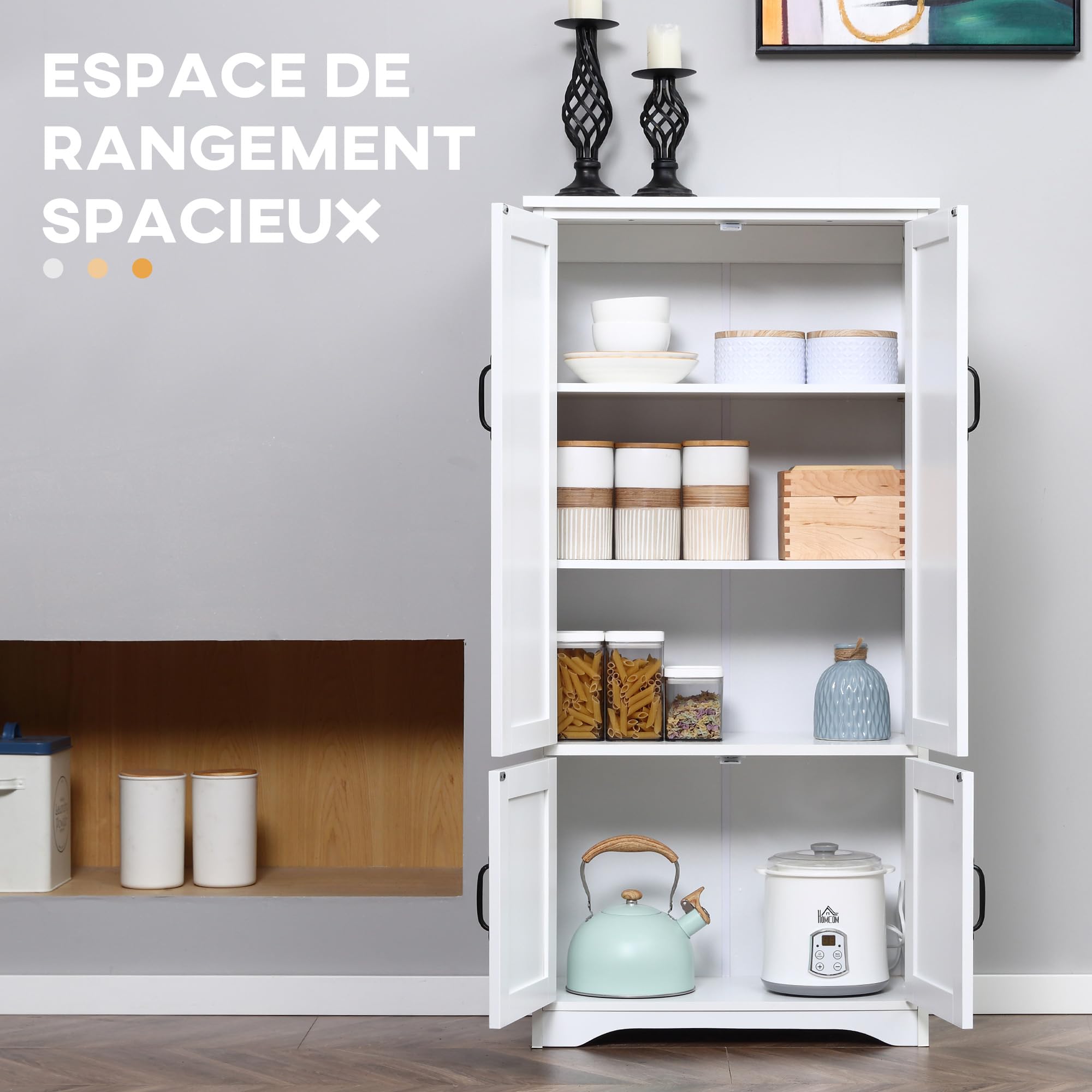 HOMCOM Buffet de Cuisine Meuble Rangement 2 Placards 60 x 30 x 123 cm Blanc | Armoire de Cuisine Contemporaine, 3 Étagères