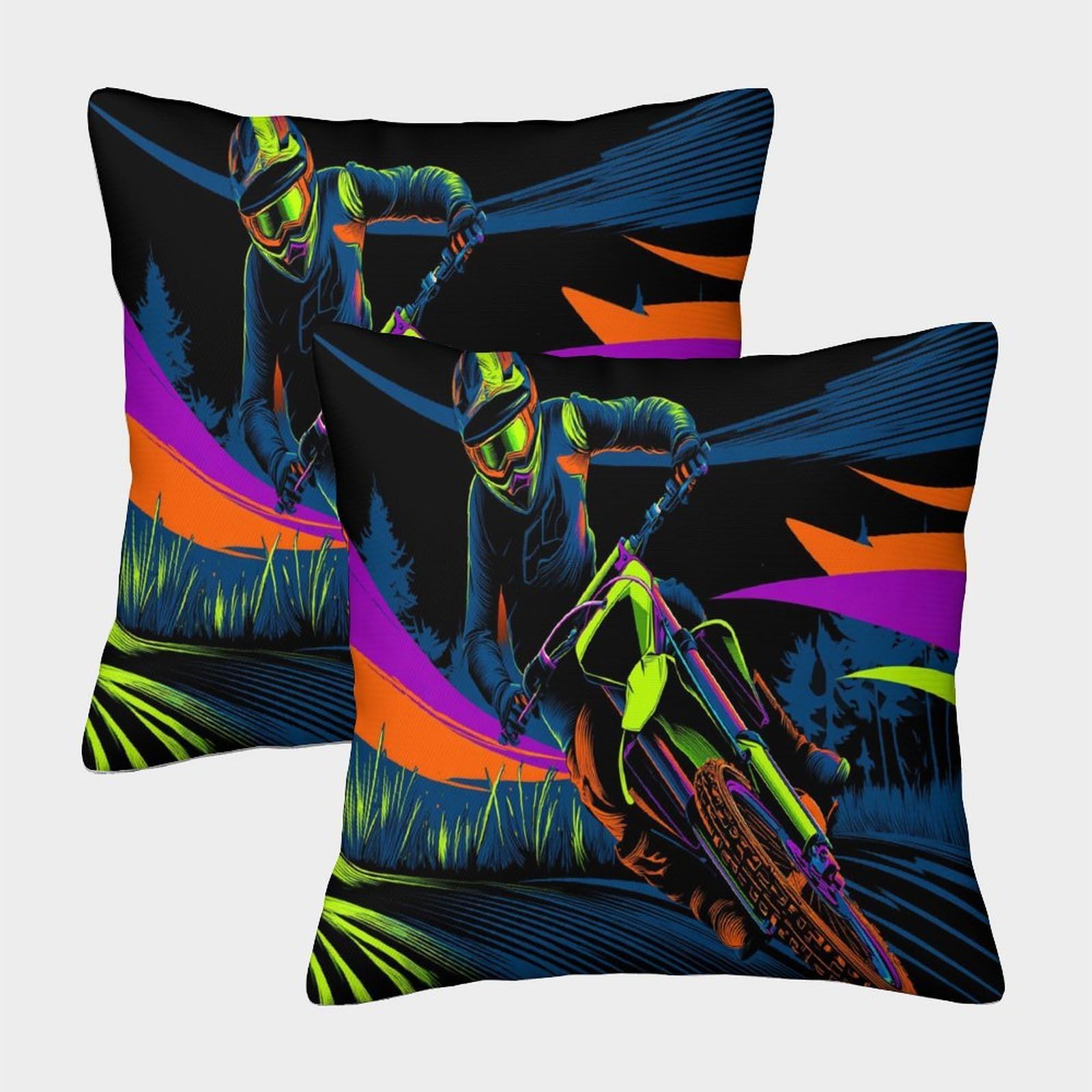 kaiyun 2 Pack 50x50cm Pillow Cases,Motocross Riders, Brightly Colored, with Sleek Lines Decorative 3D Printed Cushion Cover,sofa Bed Decorative Cushions