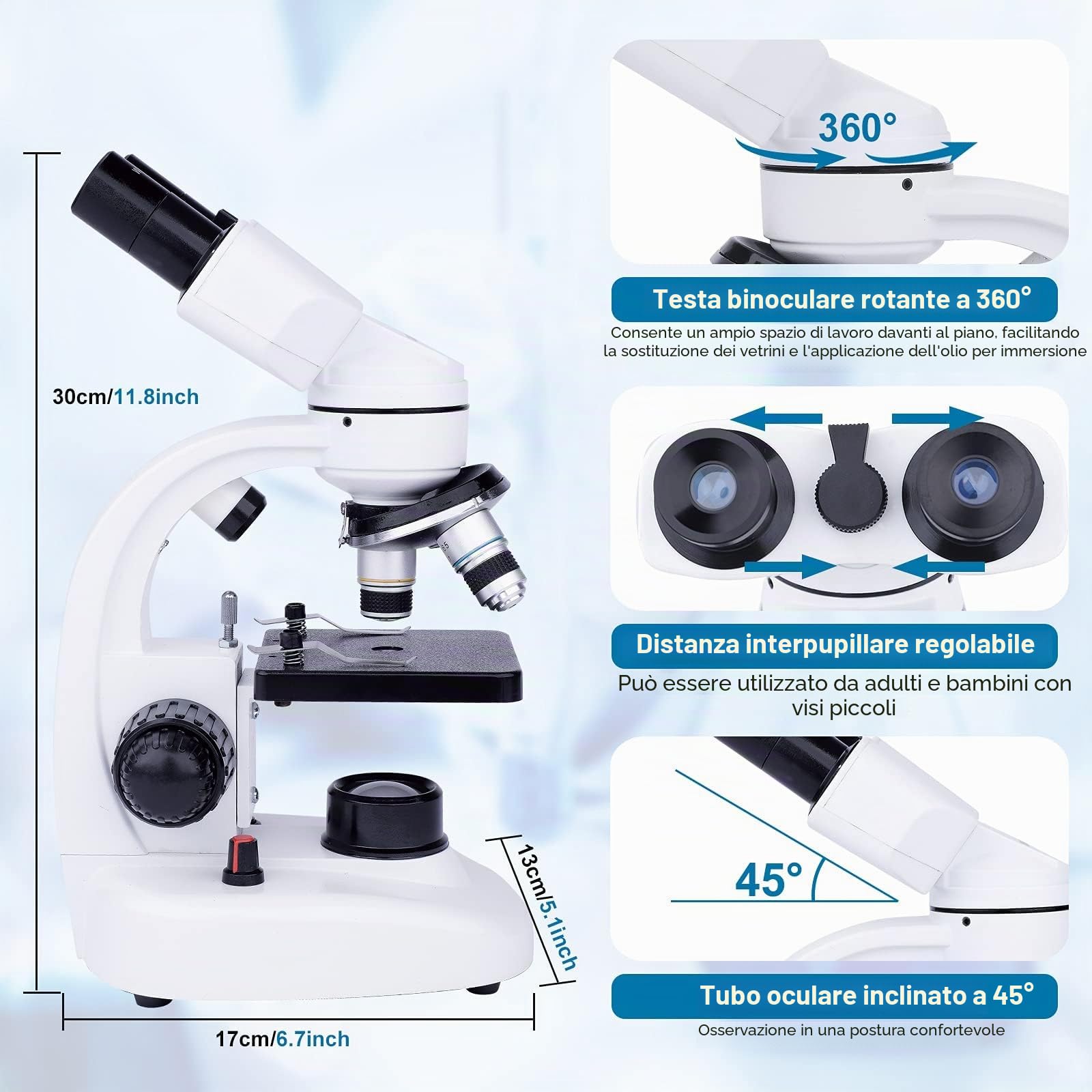 Microscopio Binoculare Composti con Oculari - Microscopio Binocolo per Bambini Adulti - Set microscopio Junior 40x-1000x - Illuminazione a LED per luce trasmessa e luce riflessa