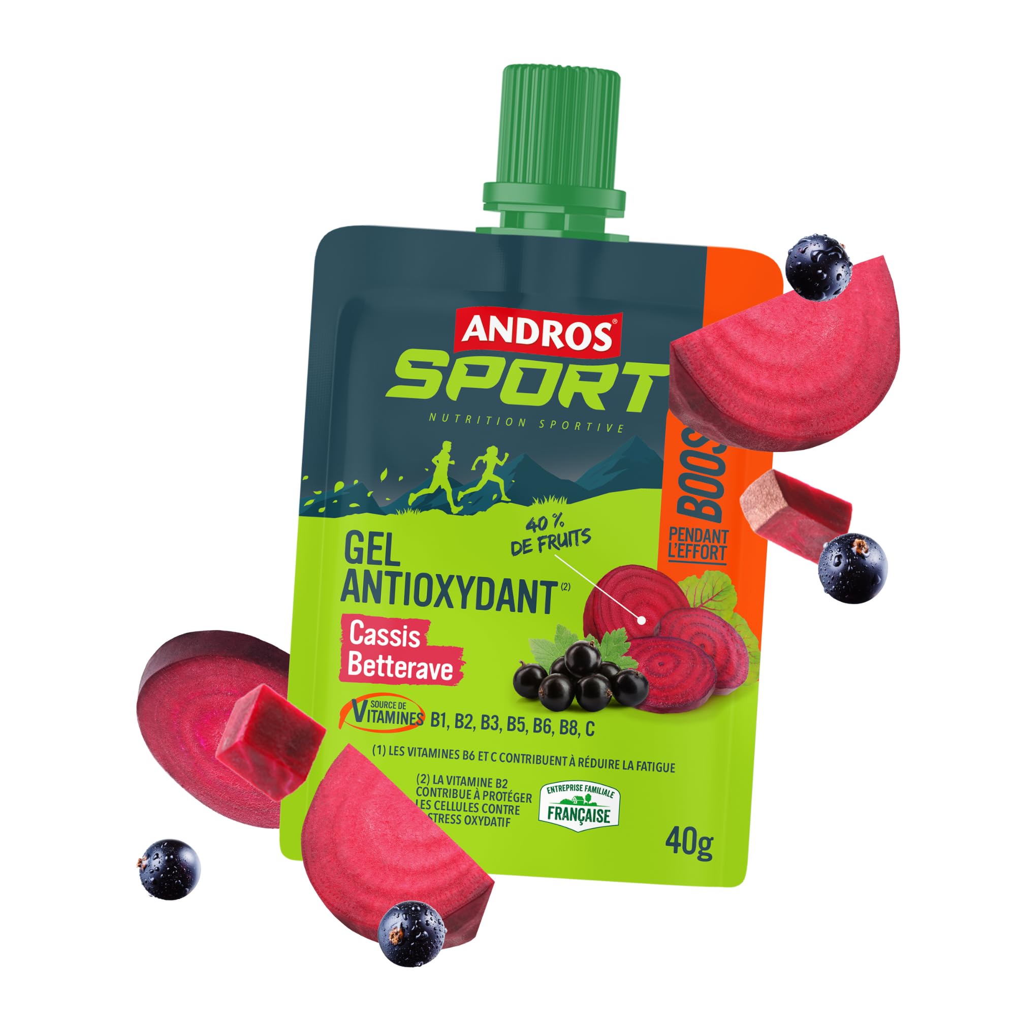 Andros Sport Gel Antioxydant Cassis et Betteraves- Encas Fruitier Multivitaminé - Vitamine B2 - Source d'Energie Savoureuse - Lot de 30 gourdes de 40g