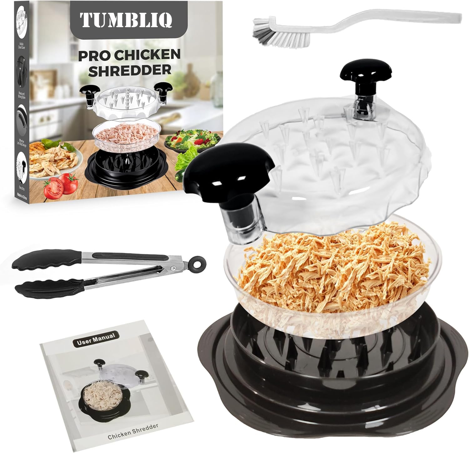 Trituradora de pollo de gran tamaño, trituradora de carne giratoria para pollo, cerdo, carne de res con mate antideslizante, bandeja especial y pinza de cocina y cepillo de limpieza, última generación