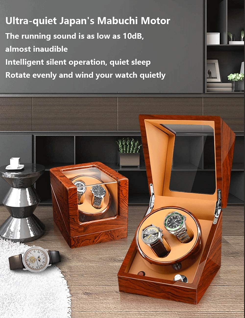 Watch Winder Nakręcacz do zegarków na 2 zegarki Dodatkowe 3 pozycje Farba fortepianowa Antymagnetyczna Ultra cicha, luksusowa wibrator do zegarków Światło LED (czarny + brązowy 2 + 3) Watch Winder