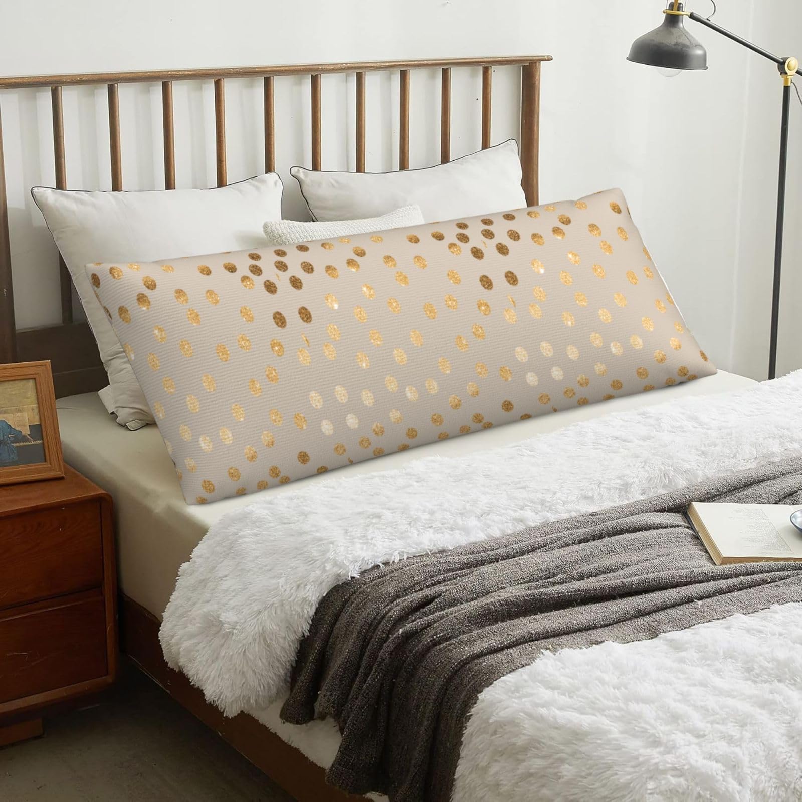 Beige And Gold Glitter Polka Dot, Body Pillow Cover with Zipper,Long Body Pillowcase 20 x 60 in