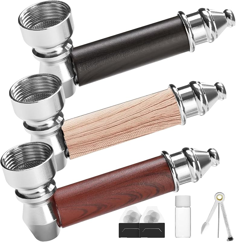 3pc Short Realistic Wood Grain Tobacco Pipe,Wooden Classic Texture Smoking Pipes,With Cleaner Tamper Tool Black Bag