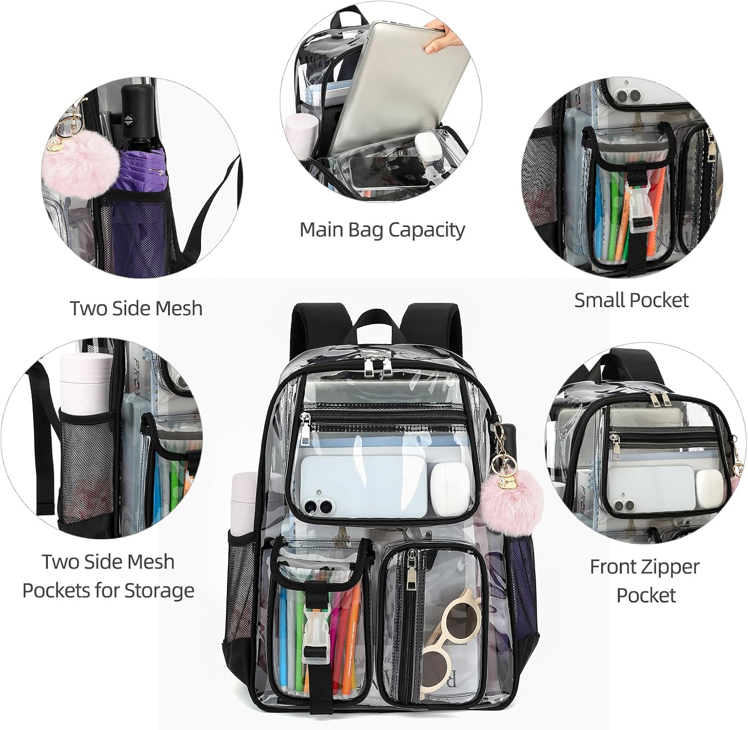 Clear Backpacks for Girls Boys, Heavy Duty PVC Transparent School Bookbag See Through Back Pack for College Work Travel (Black) - Image 6
