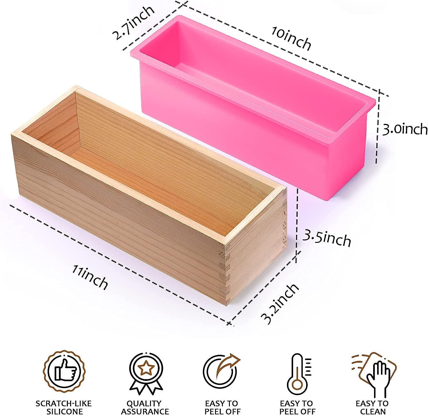 Eddeas Silicone Soap Making Molds, Flexible Rectangular Soap Silicone Mold with Wood Box, Stainless Steel Wavy & Straight Scraper, Perfect for Homemade Craft Soaps Making